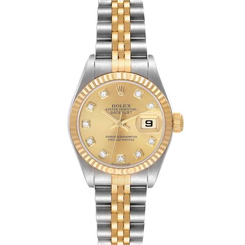 The Rolex Datejust 79173 Women's Steel and Gold (two tone) Champagne Dial watch is shown from a top view, displaying its dial, fluted bezel, and two-tone bracelet.