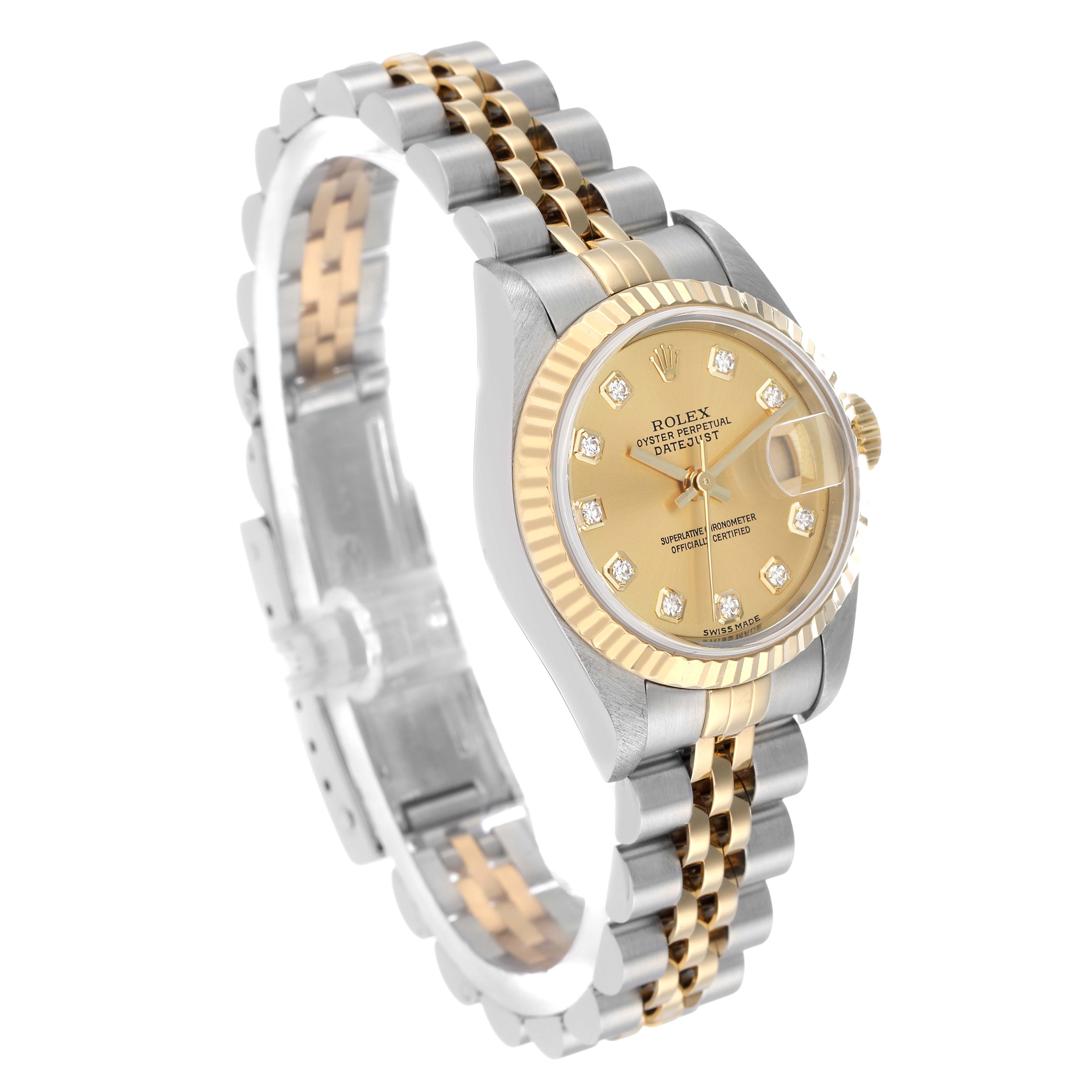 The image shows a side view of a Rolex Datejust 79173 Women's Steel and Gold (two tone) Champagne Dial watch, highlighting its two-tone bracelet, fluted bezel, and diamond markers.