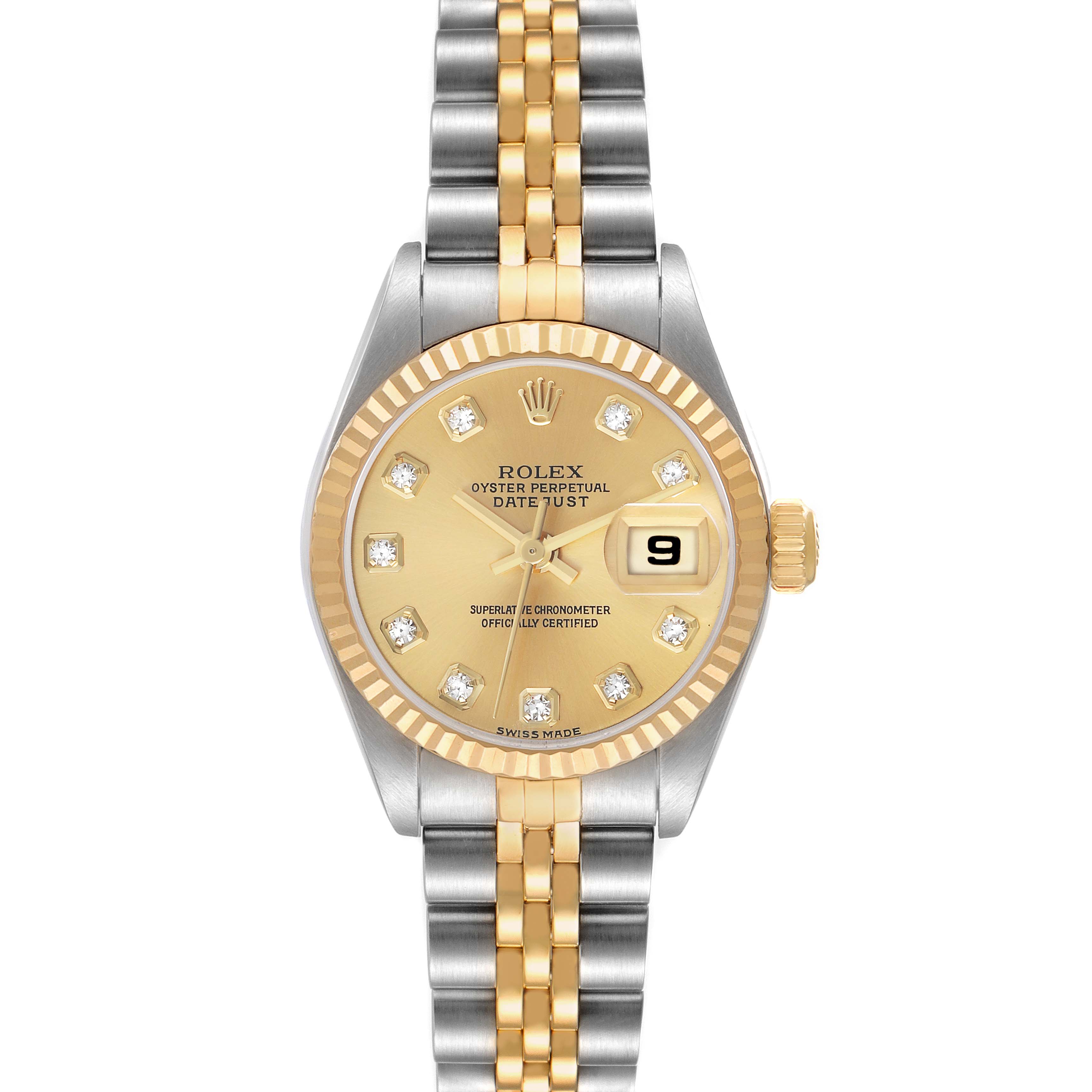 The Rolex Datejust 79173 Women's Steel and Gold (two tone) Champagne Dial watch is shown from the front, highlighting its gold dial, diamond hour markers, and two-tone bracelet.