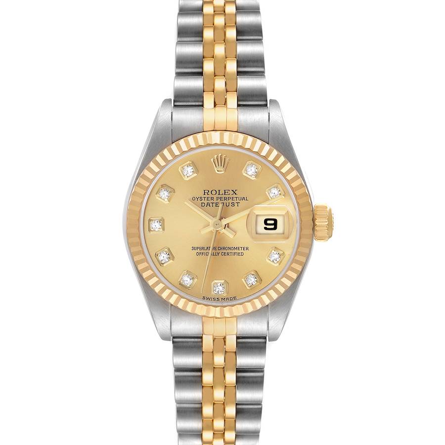 The Rolex Datejust 79173 Women's Steel and Gold (two tone) Champagne Dial watch is shown from the front, highlighting its gold dial, diamond hour markers, and two-tone bracelet.