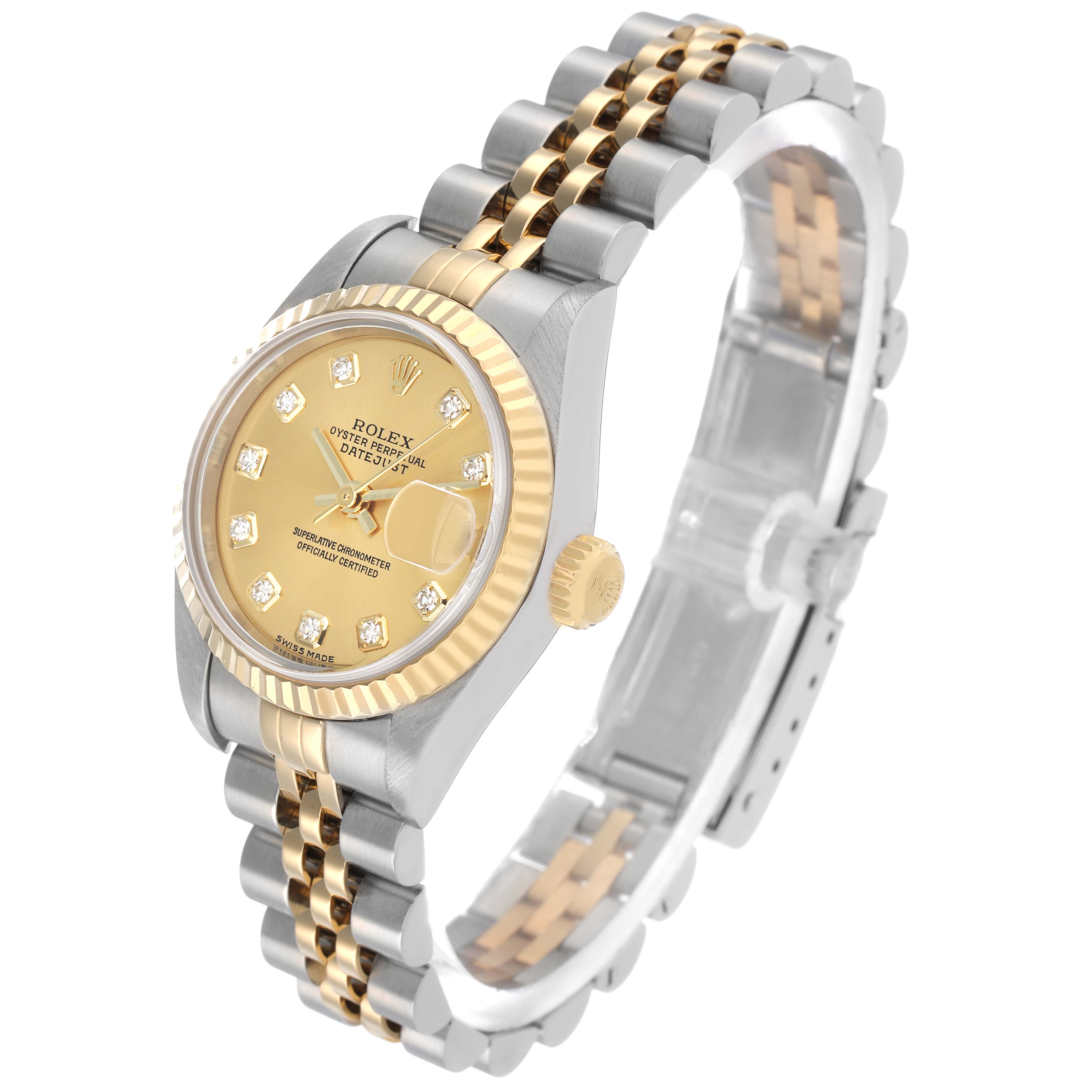 The Rolex Datejust 79173 Women's Steel and Gold (two tone) Champagne Dial is shown at a three-quarter angle, displaying the face, bezel, crown, and Jubilee bracelet.