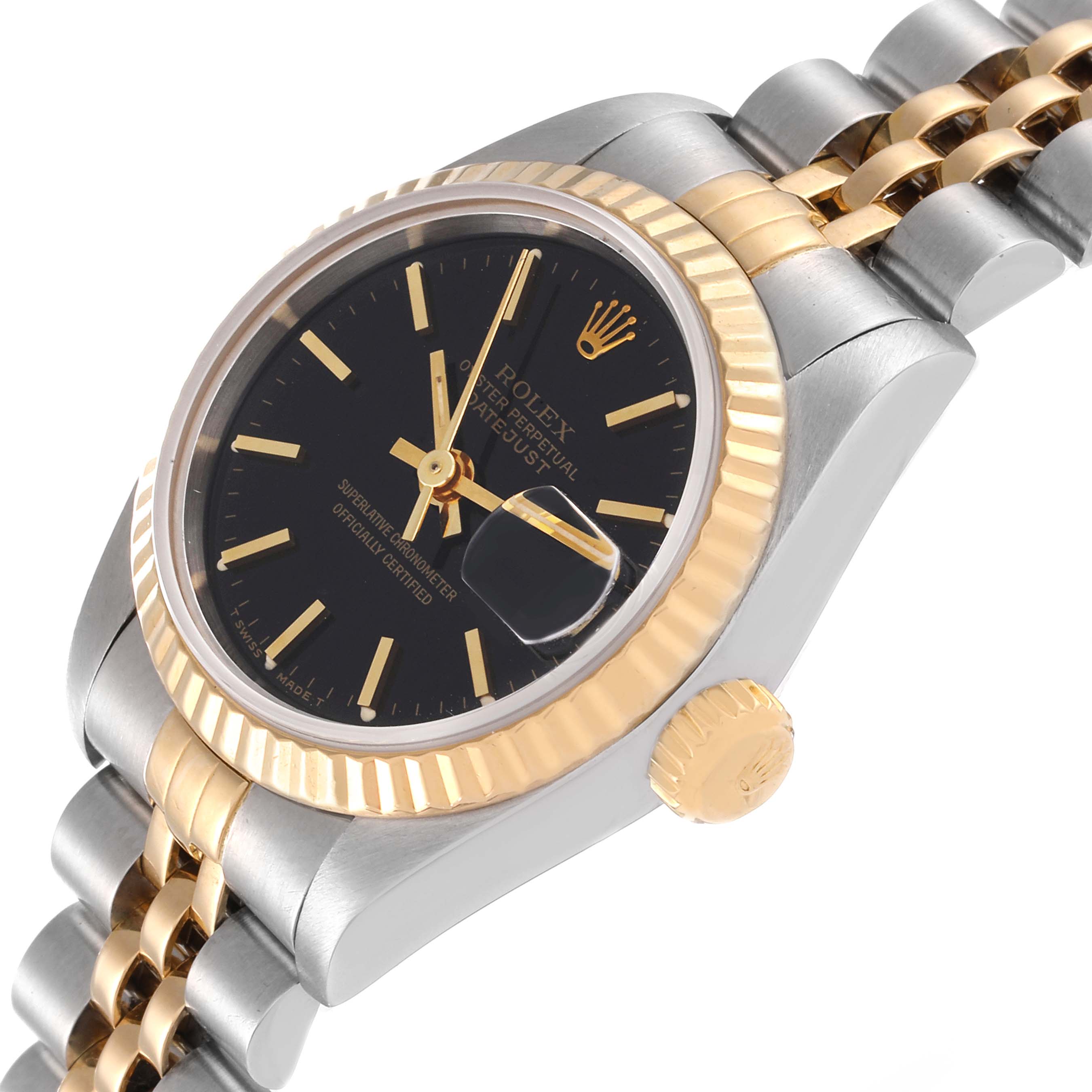 The image displays a Rolex Datejust 69173 Women's Steel and Gold (two tone) Black Dial 69173 Women's Steel and Gold (two tone) Black Dial watch at an angle highlighting the face, fluted bezel, crown, and part of the bracelet.