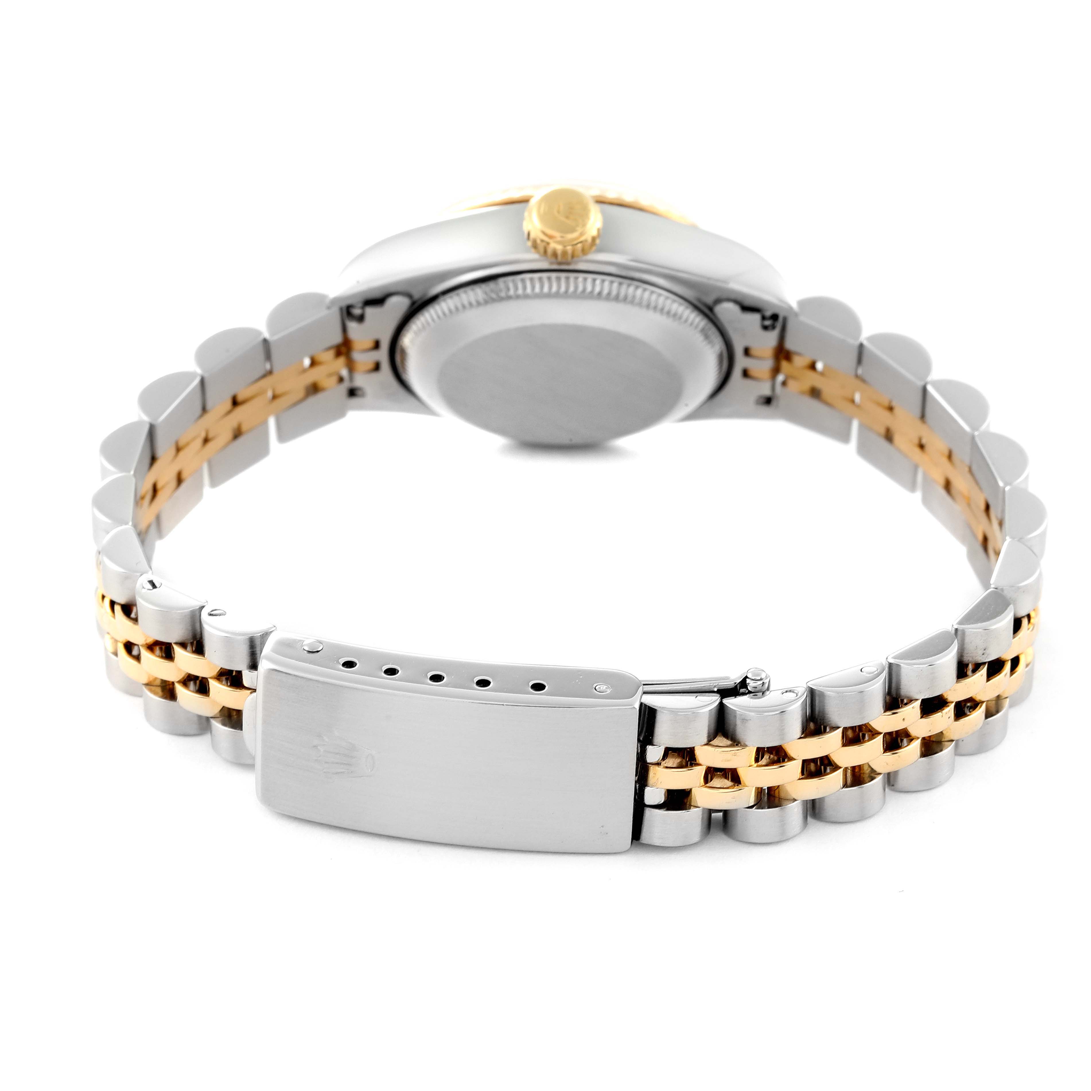 The image shows a rear view of a Rolex Datejust 69173 Women's Steel and Gold (two tone) Black Dial 69173 Women's Steel and Gold (two tone) Black Dial watch, focusing on its case back, crown, and the Jubilee bracelet with a deployment clasp.
