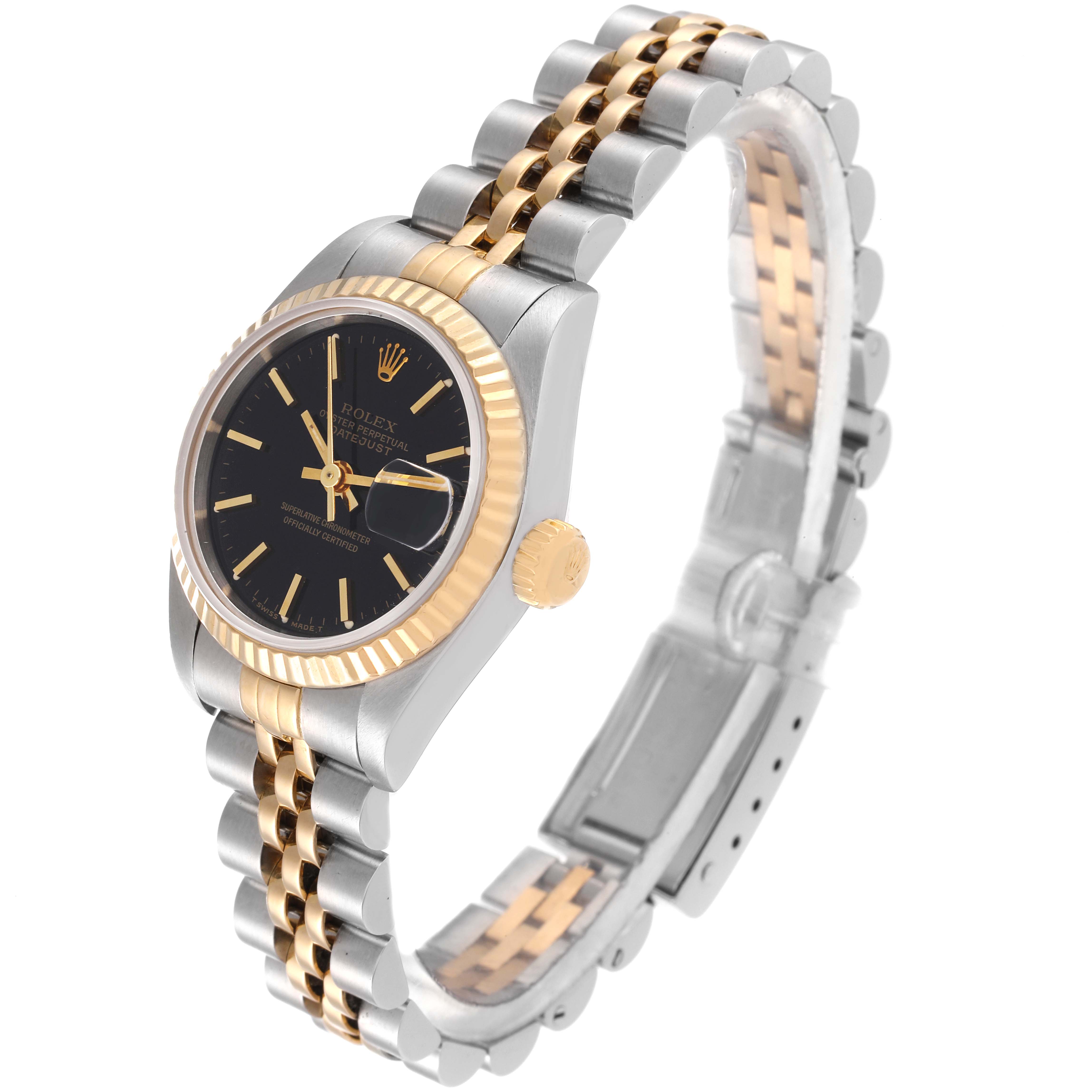 This image shows a Rolex Datejust 69173 Women's Steel and Gold (two tone) Black Dial 69173 Women's Steel and Gold (two tone) Black Dial watch at a three-quarter angle, displaying the face, bezel, crown, and bracelet.