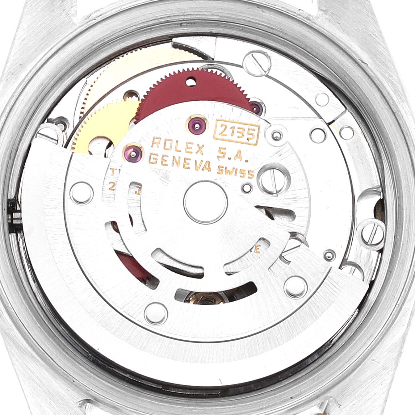 The image shows a close-up, rear view of the movement mechanism of a Rolex Datejust 69173 Women's Steel and Gold (two tone) Black Dial 69173 Women's Steel and Gold (two tone) Black Dial watch, highlighting gears and inscriptions.