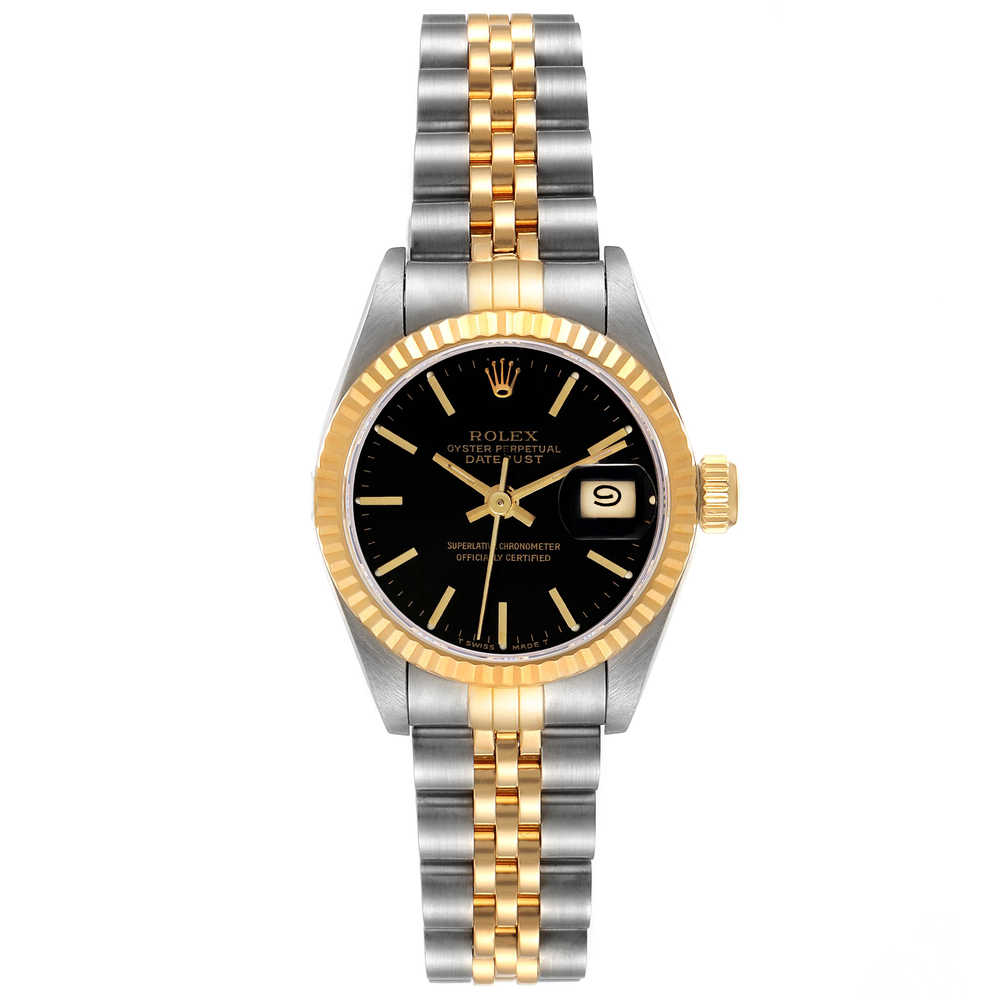 This image shows a full front view of a Rolex Datejust 69173 Women's Steel and Gold (two tone) Black Dial 69173 Women's Steel and Gold (two tone) Black Dial watch, highlighting its black dial, two-tone bracelet, and date display.