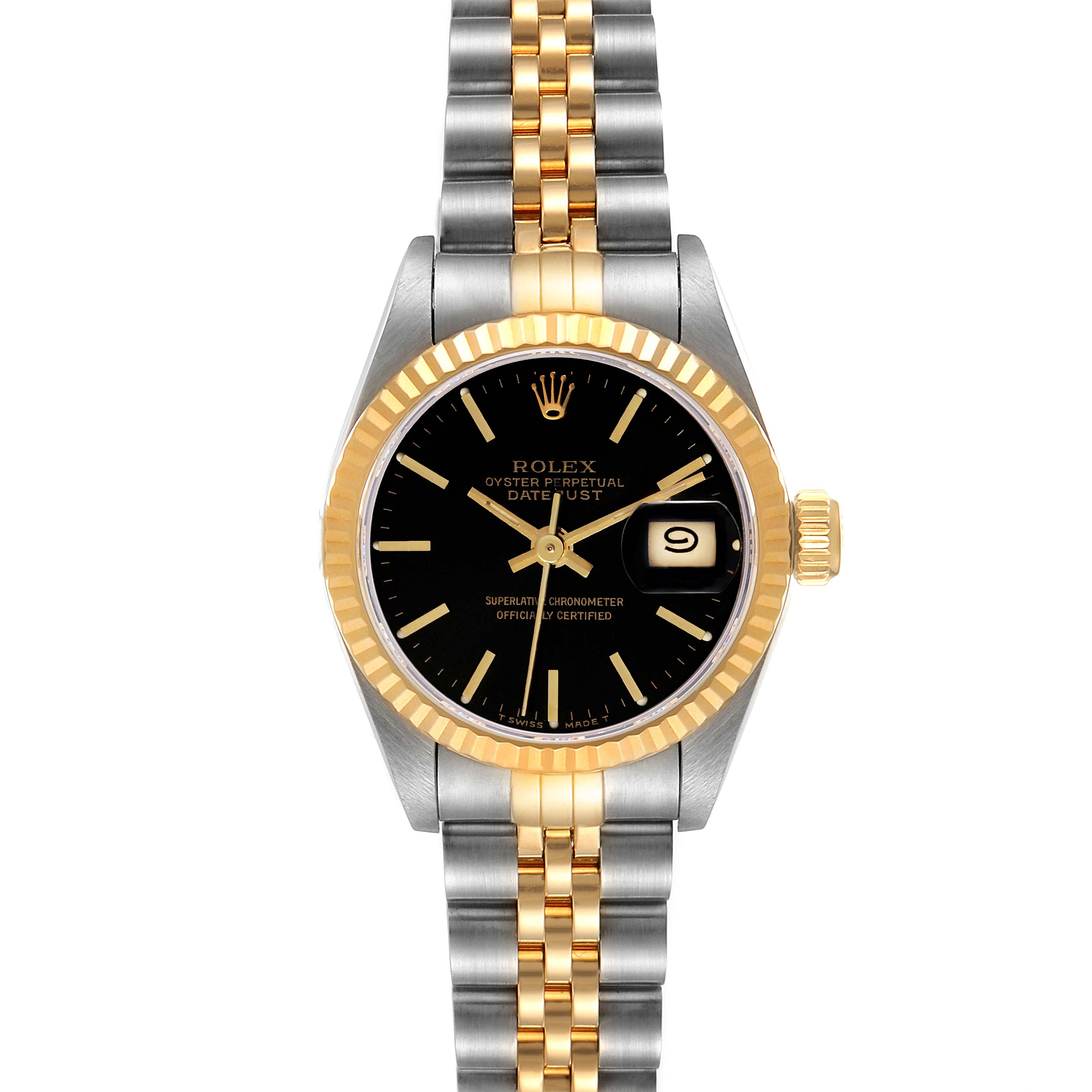 This image shows a frontal view of the Rolex Datejust 69173 Women's Steel and Gold (two tone) Black Dial 69173 Women's Steel and Gold (two tone) Black Dial watch, displaying the dial, bezel, and bracelet.