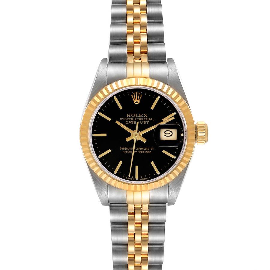 Rolex Datejust Steel Yellow Gold Fluted Bezel Black Dial Watch 69173 SwissWatchExpo