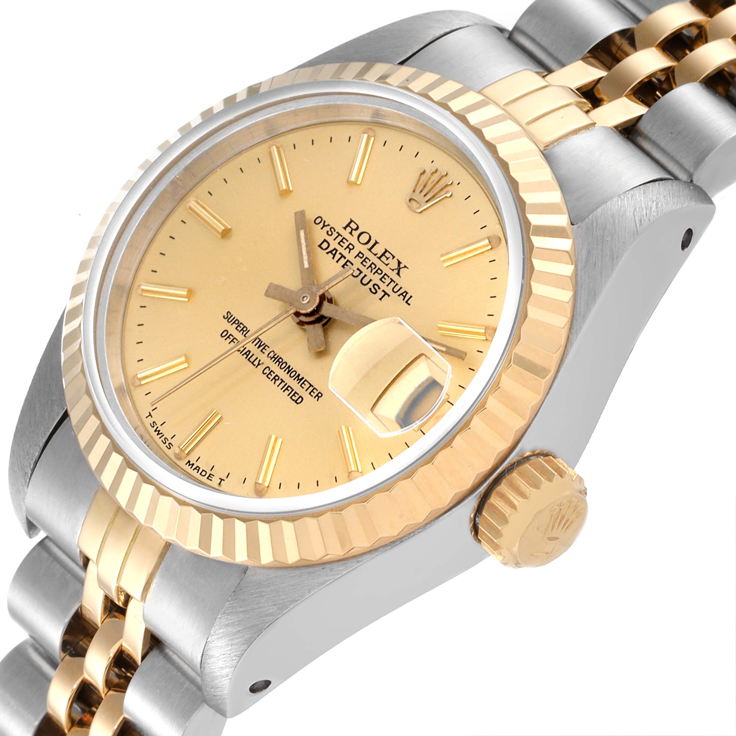 The image shows a close-up angled view of a Rolex Datejust 69173 Women's Steel and Gold (two tone) Champagne Dial 69173 Women's Steel and Gold (two tone) Champagne Dial watch, focusing on the dial, bezel, crown, and bracelet.
