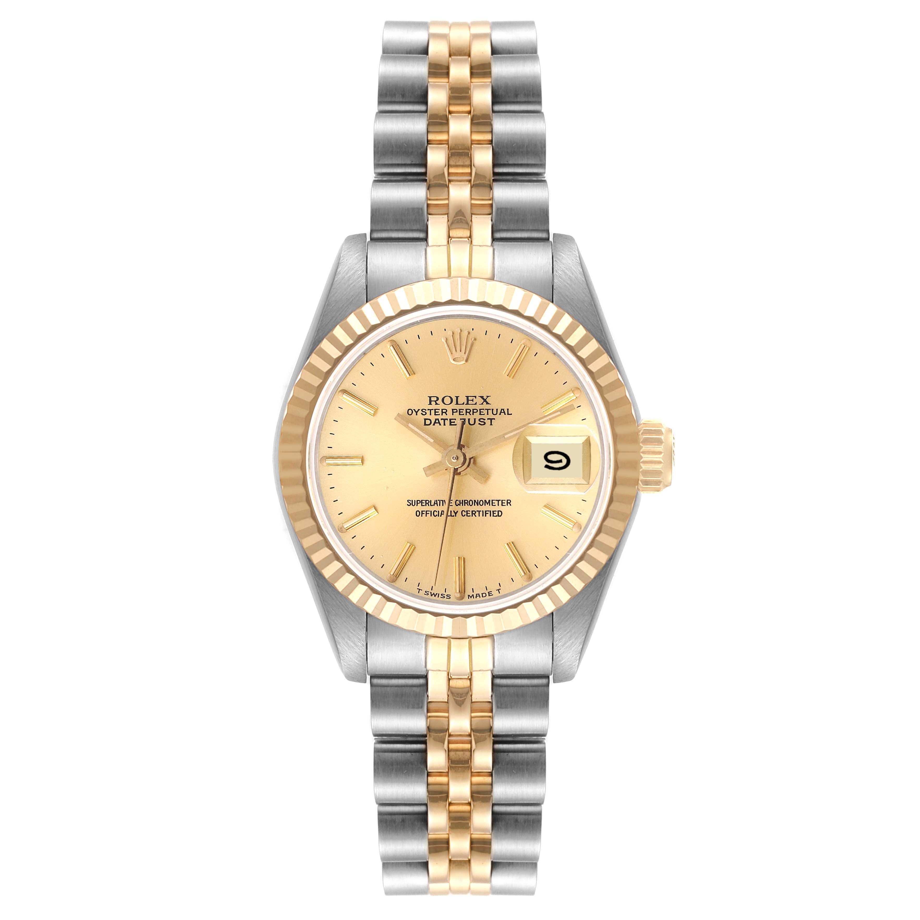 This is a front view of the Rolex Datejust 69173 Women's Steel and Gold (two tone) Champagne Dial 69173 Women's Steel and Gold (two tone) Champagne Dial watch, showcasing its face, fluted bezel, and two-tone bracelet.