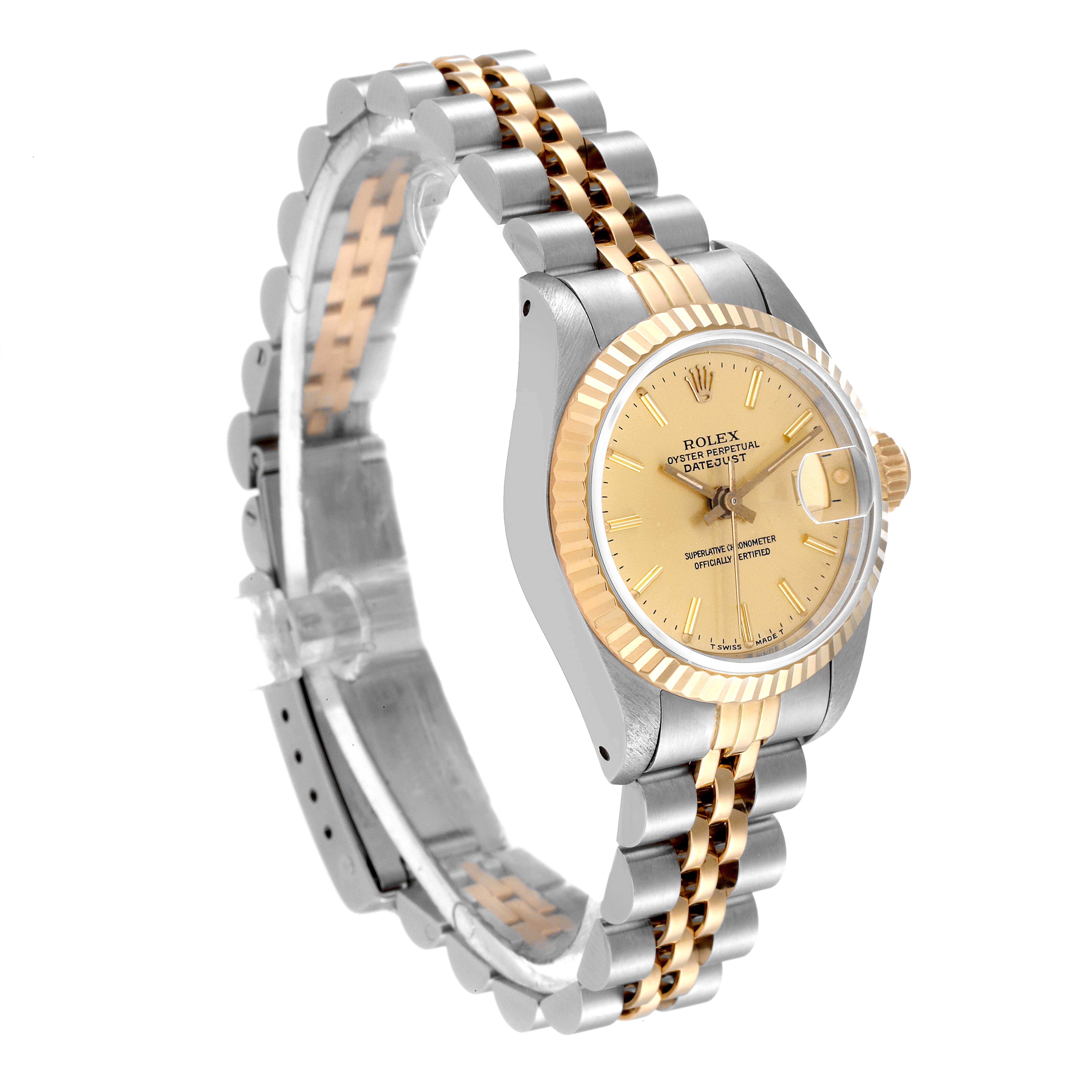 This image shows a side angle of a Rolex Datejust 69173 Women's Steel and Gold (two tone) Champagne Dial 69173 Women's Steel and Gold (two tone) Champagne Dial watch, highlighting its dial, fluted bezel, and Jubilee bracelet.