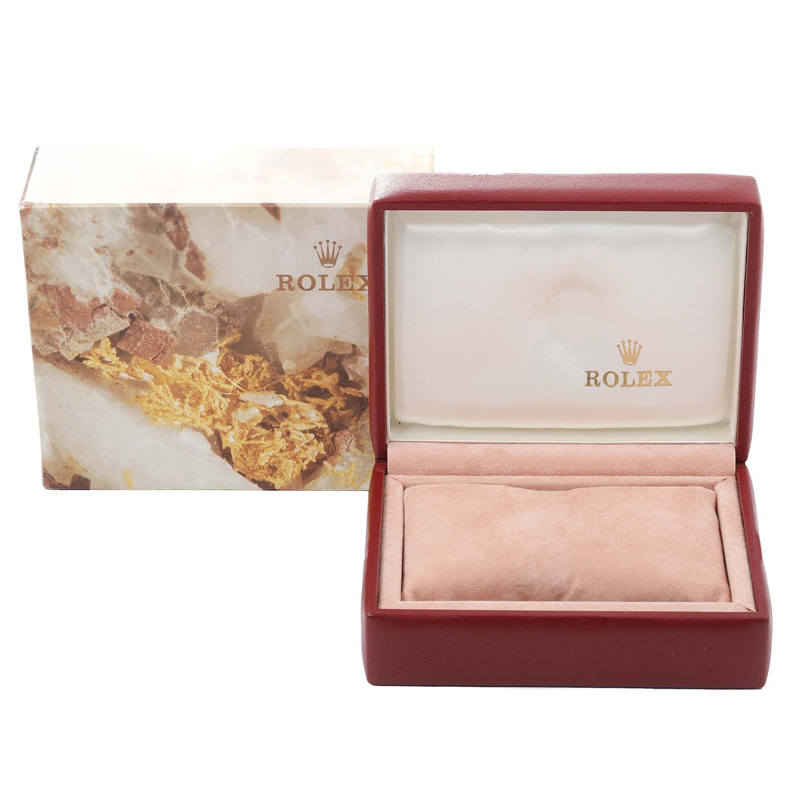 The image shows a Rolex branded box and an open Rolex Datejust 69173 Women's Steel and Gold (two tone) Champagne Dial 69173 Women's Steel and Gold (two tone) Champagne Dial model watch box with a soft display cushion inside.