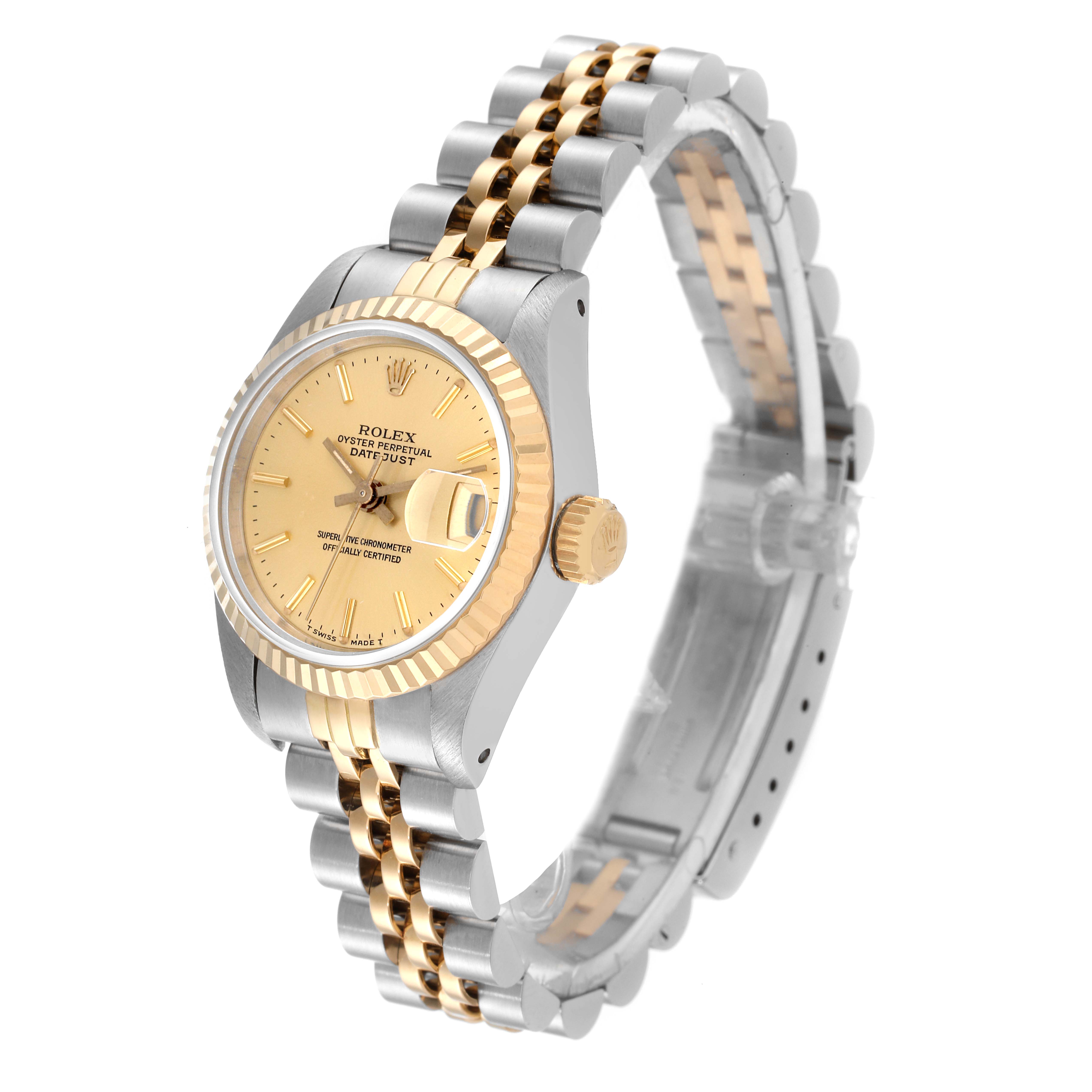This Rolex Datejust 69173 Women's Steel and Gold (two tone) Champagne Dial 69173 Women's Steel and Gold (two tone) Champagne Dial watch is shown from an angled view, displaying the dial, bezel, crown, and part of the bracelet.