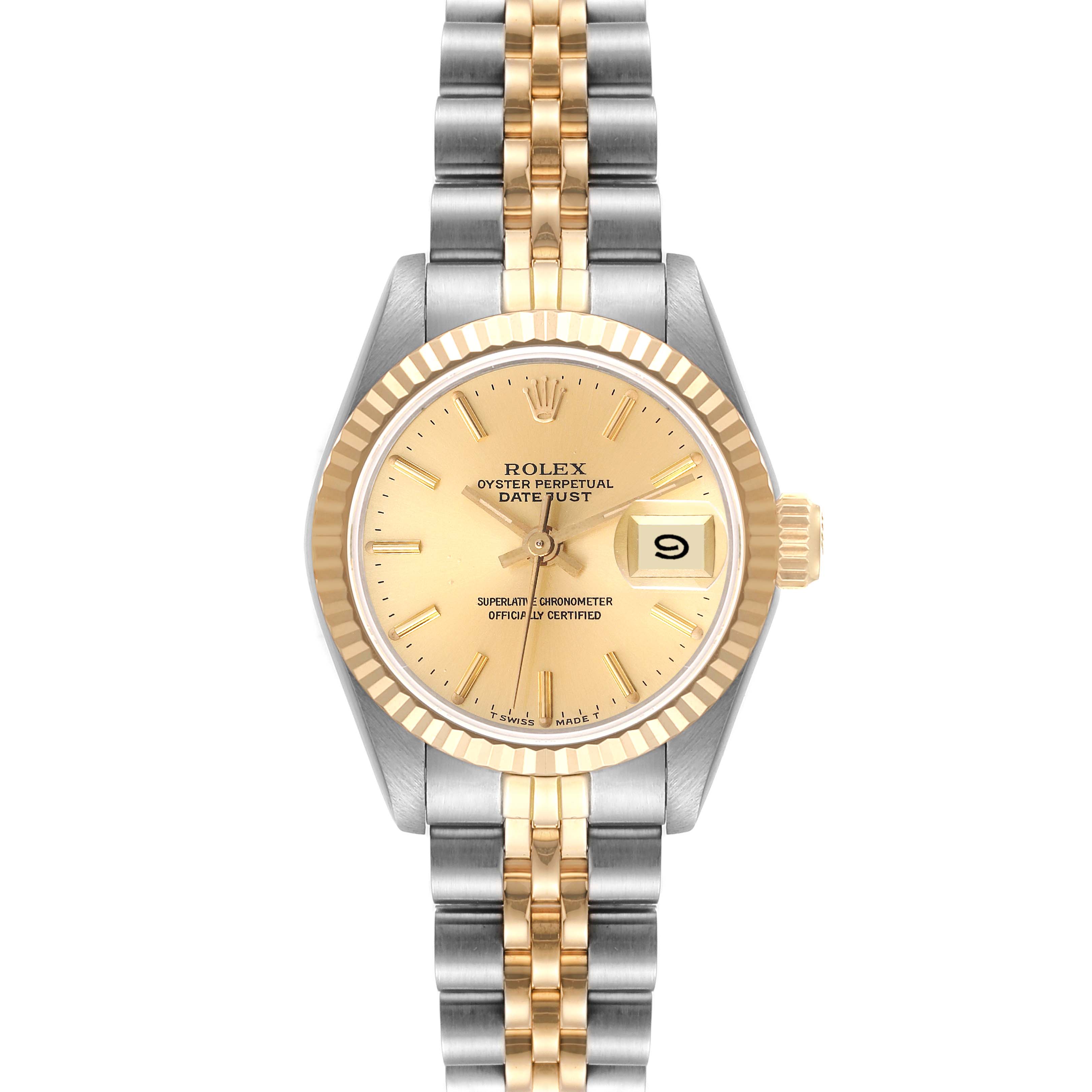 The Rolex Datejust 69173 Women's Steel and Gold (two tone) Champagne Dial 69173 Women's Steel and Gold (two tone) Champagne Dial watch is shown from a front angle, highlighting its face, bezel, and two-tone bracelet.