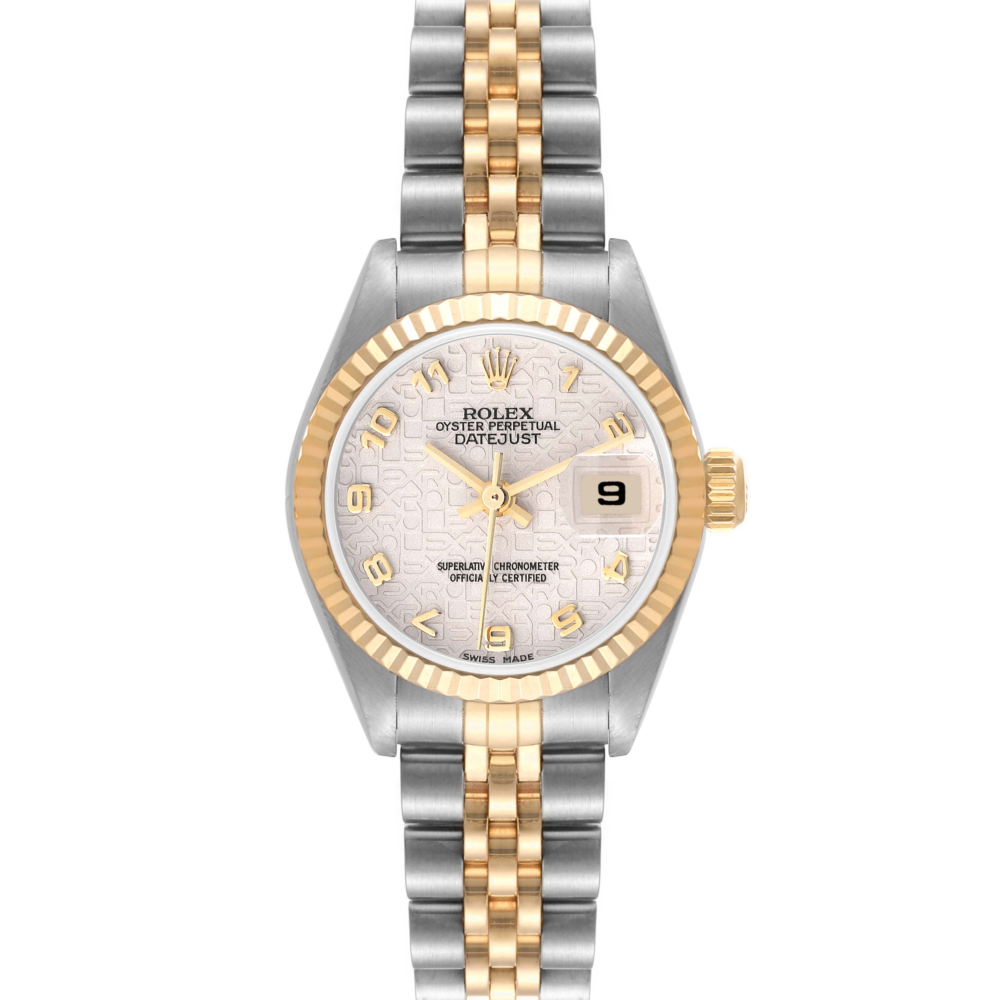 This Rolex Datejust 79173 Women's Steel and Gold (two tone) Beige Dial 79173 Women's Steel and Gold (two tone) Beige Dial model is shown from a top-down angle, highlighting the dial, bezel, and bracelet.
