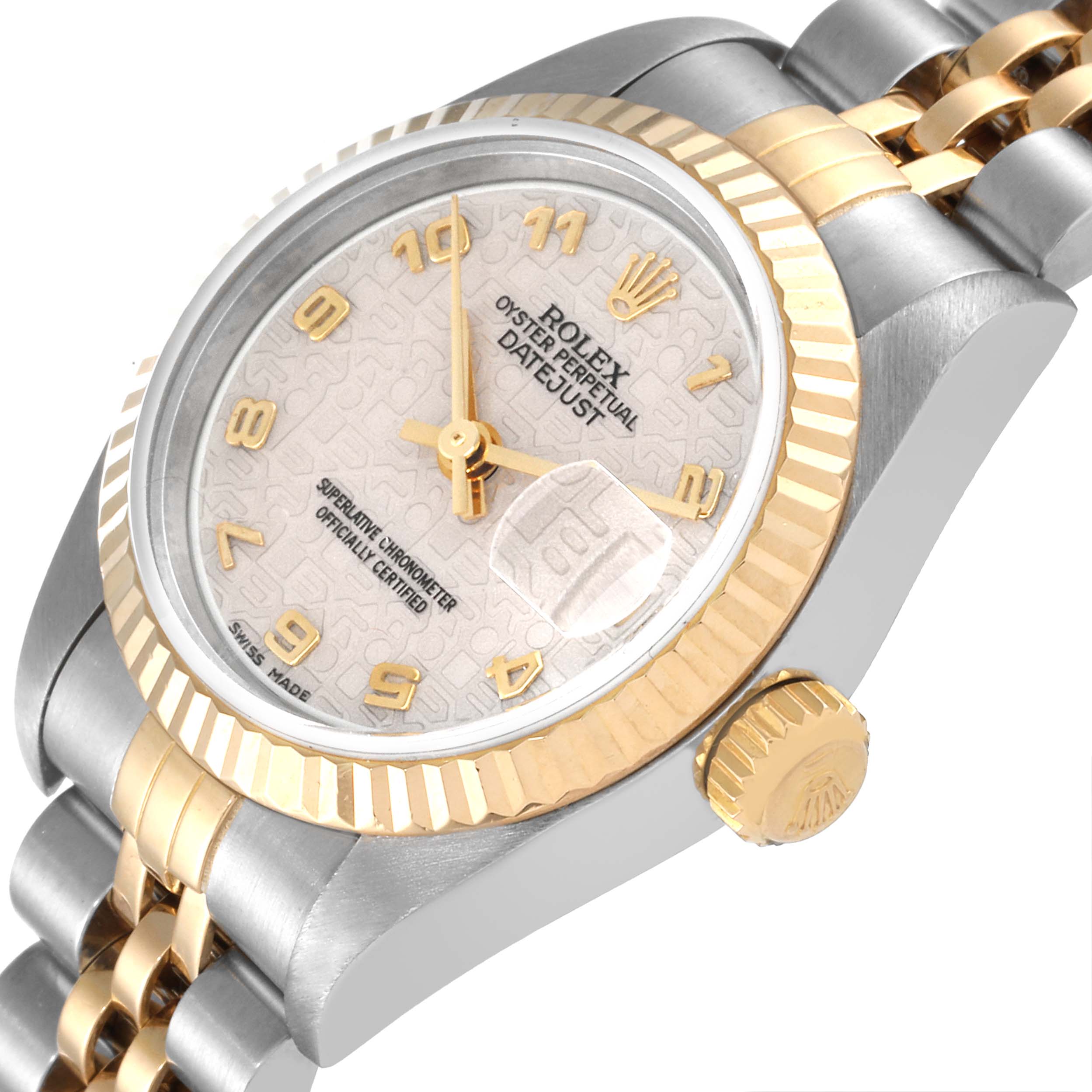 The image shows a close-up angled view of a Rolex Datejust 79173 Women's Steel and Gold (two tone) Beige Dial 79173 Women's Steel and Gold (two tone) Beige Dial, displaying the dial, bezel, crown, and part of the bracelet.