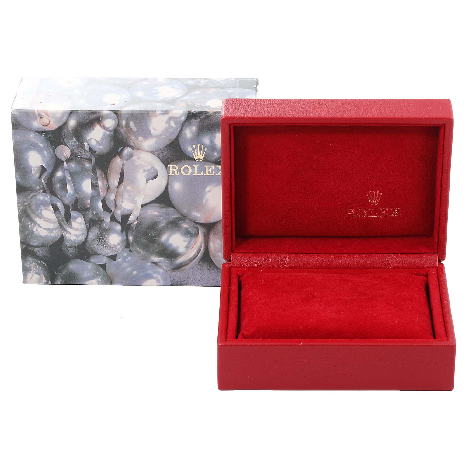 This image shows the empty box and outer packaging for a Rolex Datejust 79173 Women's Steel and Gold (two tone) Beige Dial 79173 Women's Steel and Gold (two tone) Beige Dial watch with red interior and pearl-themed exterior.