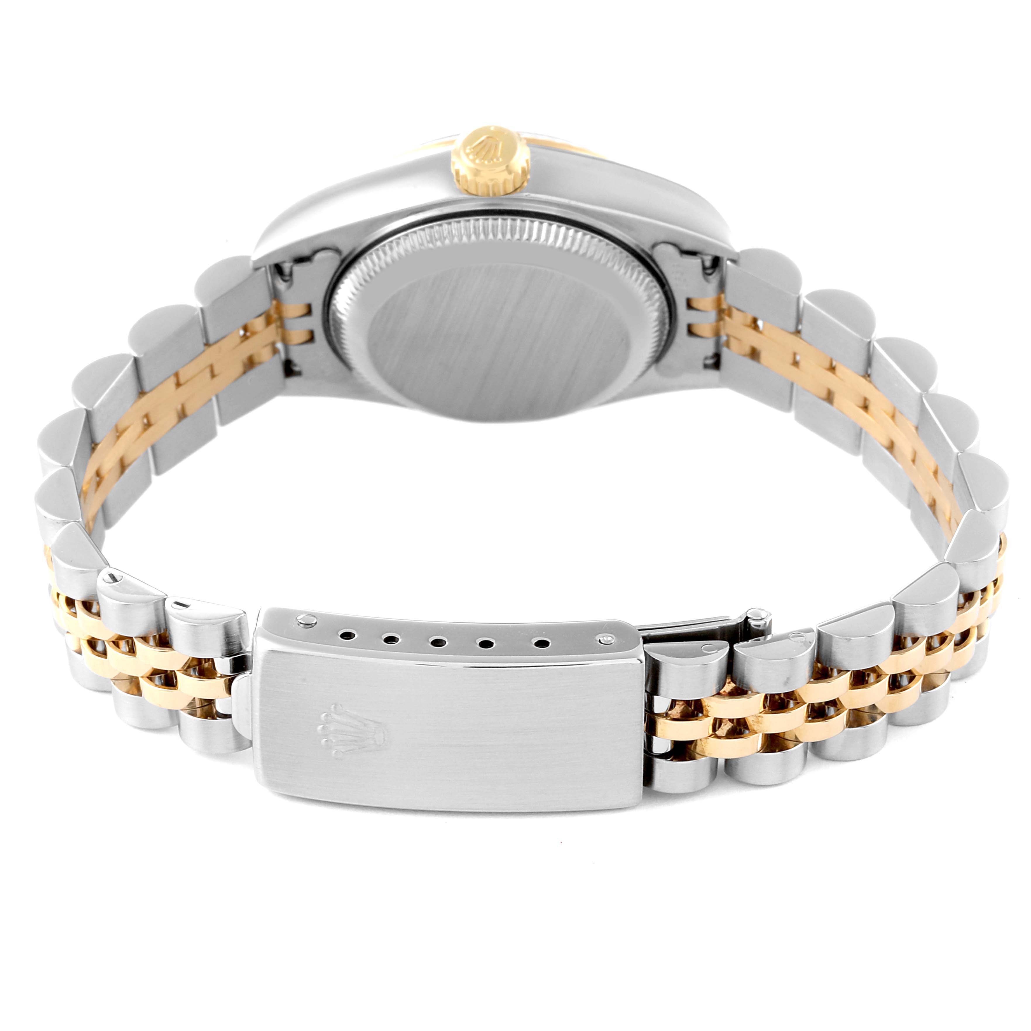 This image shows the back and clasp of a Rolex Datejust 79173 Women's Steel and Gold (two tone) Beige Dial 79173 Women's Steel and Gold (two tone) Beige Dial watch, highlighting its two-tone metal bracelet.