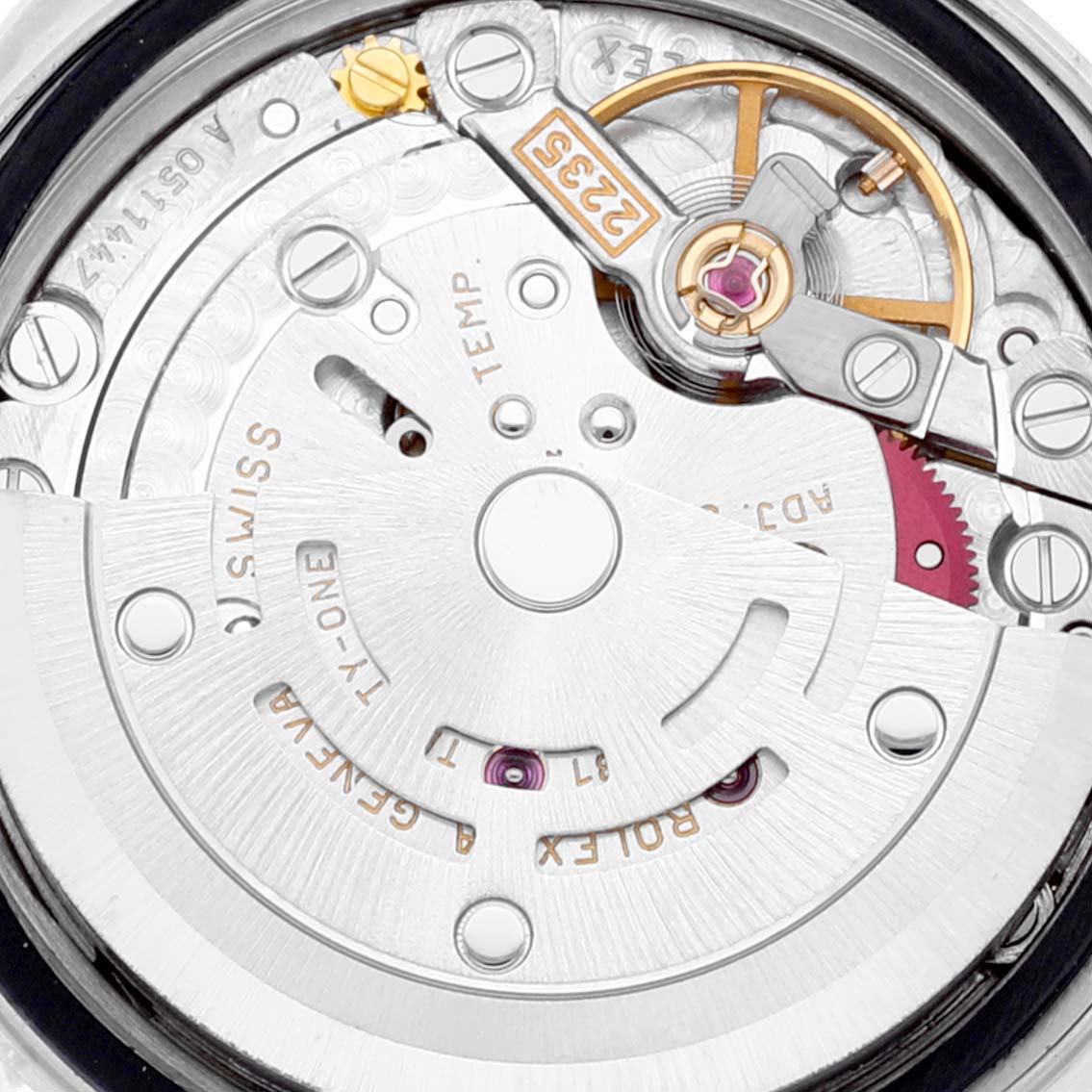 The image shows the internal mechanical movement of a Rolex Datejust 79173 Women's Steel and Gold (two tone) Beige Dial 79173 Women's Steel and Gold (two tone) Beige Dial watch, viewed from the back.