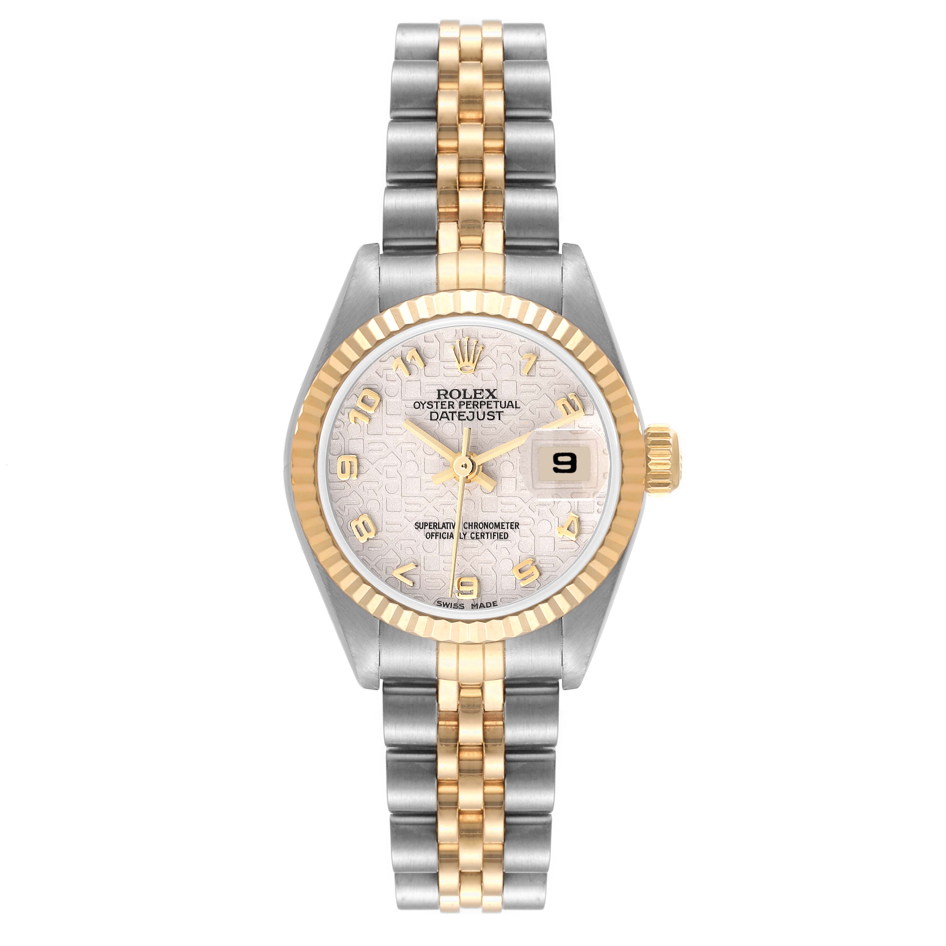 The image shows a front view of a Rolex Datejust 79173 Women's Steel and Gold (two tone) Beige Dial 79173 Women's Steel and Gold (two tone) Beige Dial watch, displaying the dial, bezel, and bracelet.