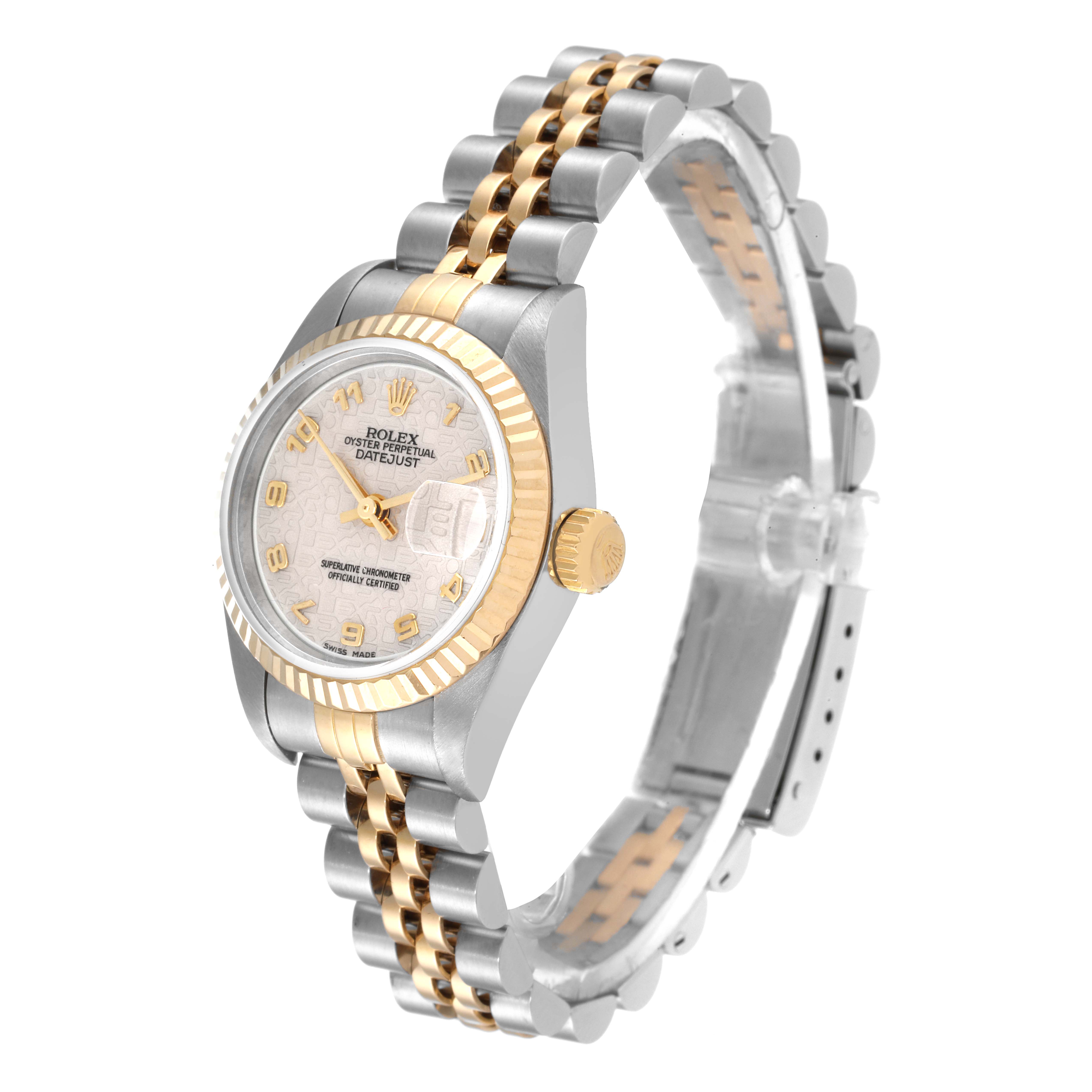 The Rolex Datejust 79173 Women's Steel and Gold (two tone) Beige Dial 79173 Women's Steel and Gold (two tone) Beige Dial watch is shown at a three-quarter angle, highlighting its dial, bezel, and bracelet.