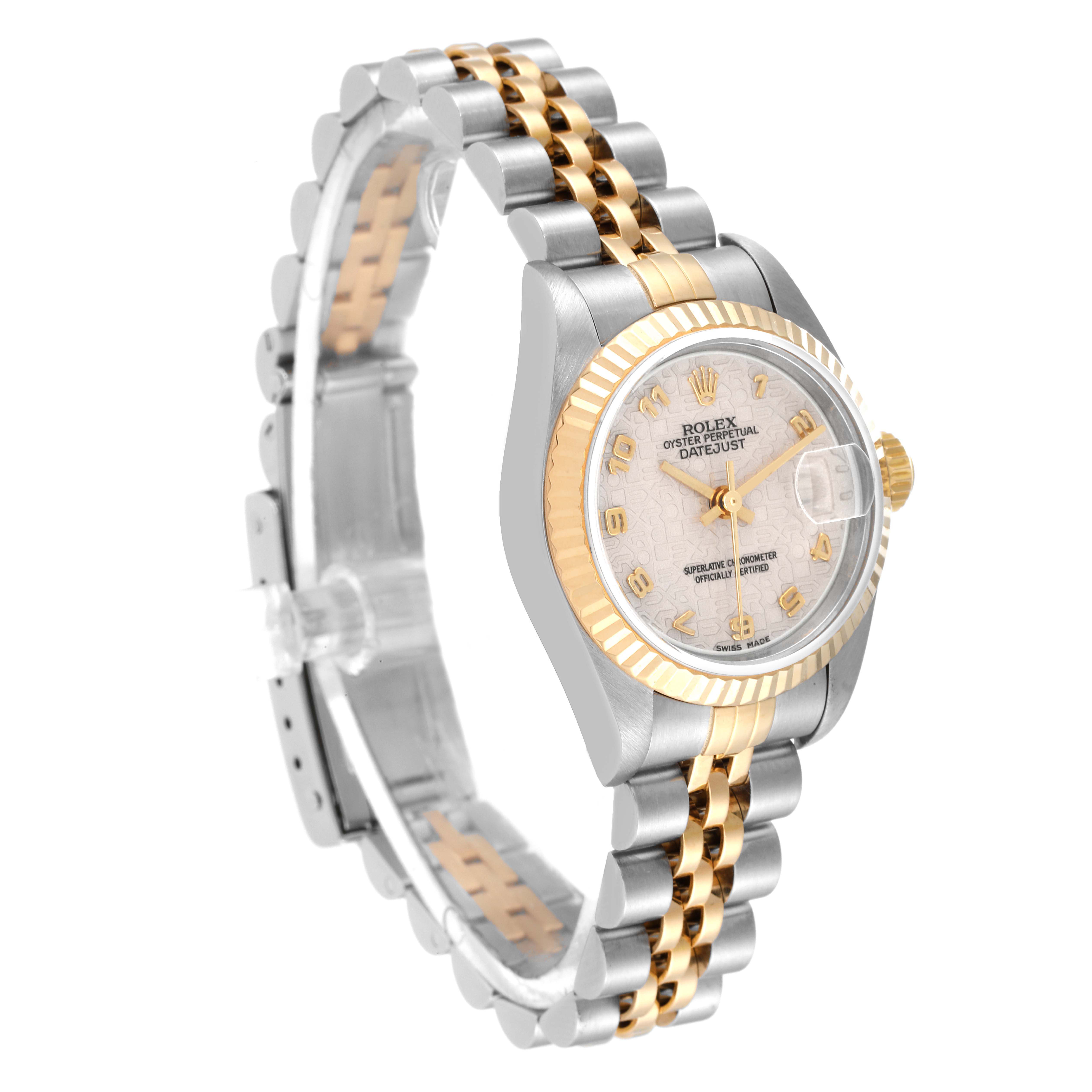 This Rolex Datejust 79173 Women's Steel and Gold (two tone) Beige Dial 79173 Women's Steel and Gold (two tone) Beige Dial watch is angled to show the face, bezel, crown, and two-tone metal bracelet.