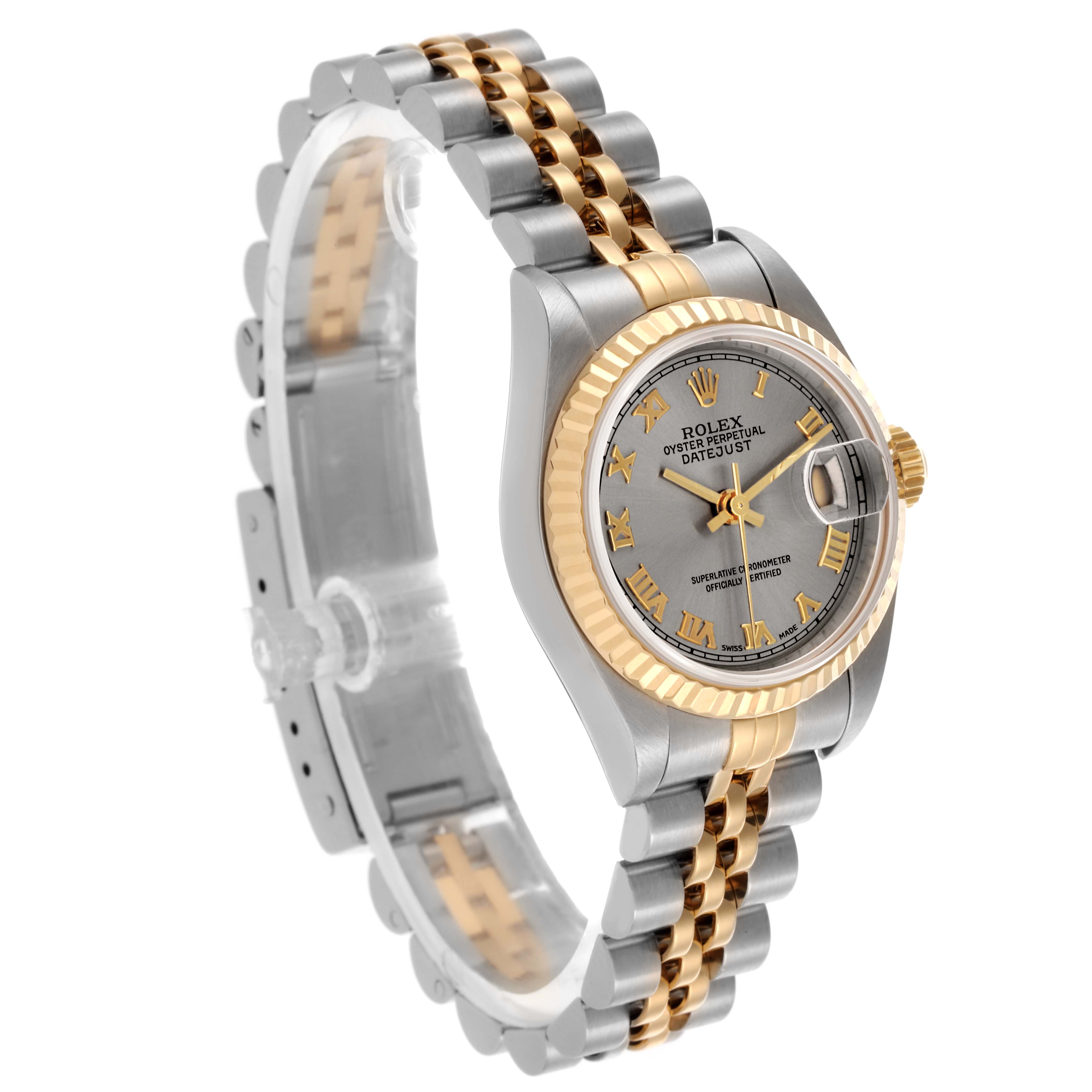 The Rolex Datejust 79173 Women's Steel and Gold (two tone) Grey Dial 79173 Women's Steel and Gold (two tone) Grey Dial watch is shown at a side angle, displaying the face, bezel, and two-tone bracelet.