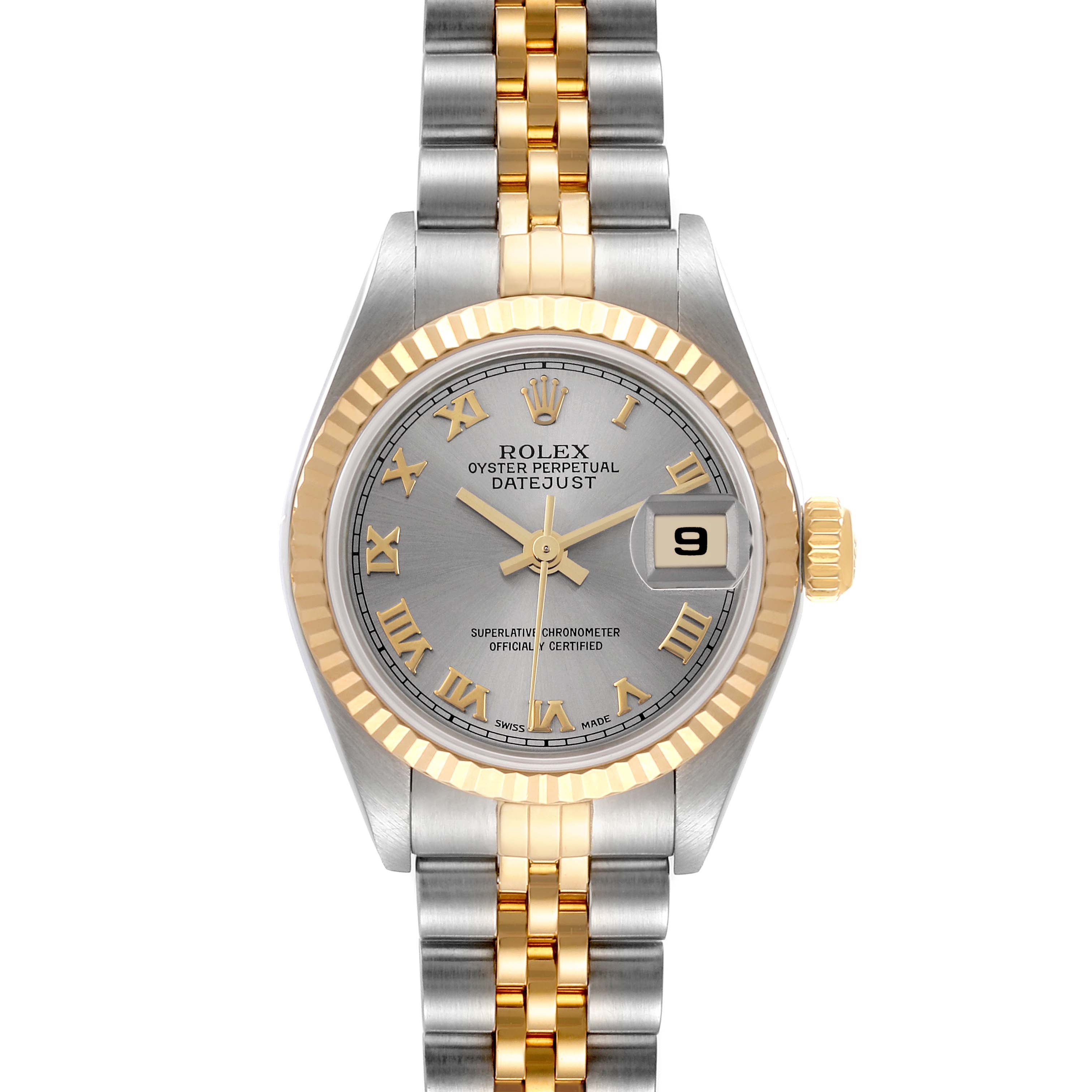 The image shows a Rolex Datejust 79173 Women's Steel and Gold (two tone) Grey Dial 79173 Women's Steel and Gold (two tone) Grey Dial watch from a top-down angle, highlighting the dial, bezel, and the two-tone bracelet.