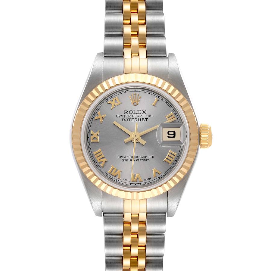 The image shows a Rolex Datejust watch from a top-down angle, highlighting the dial, bezel, and the two-tone bracelet.