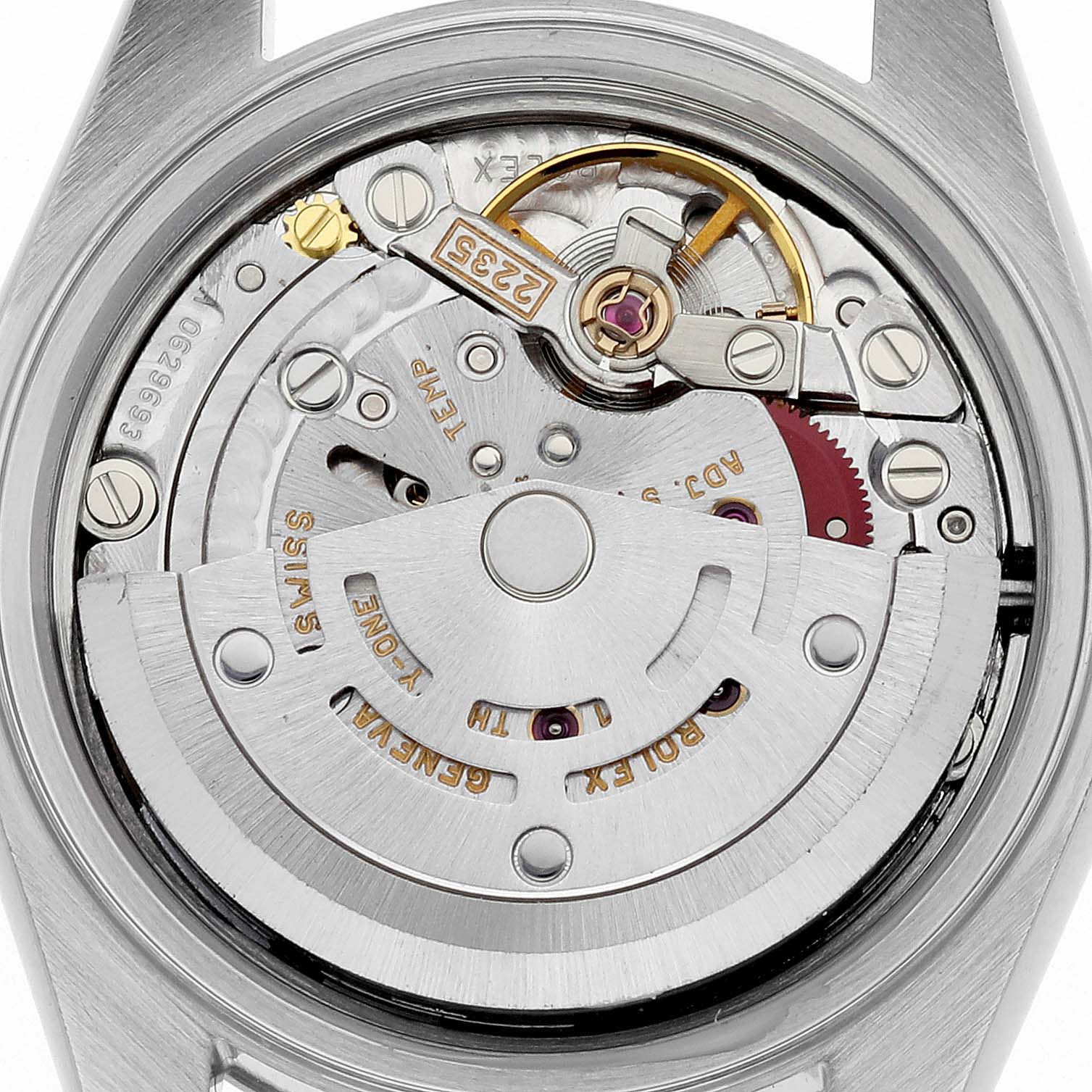 The image shows the internal movement of a Rolex Datejust 79173 Women's Steel and Gold (two tone) Grey Dial 79173 Women's Steel and Gold (two tone) Grey Dial watch from a top-down angle.