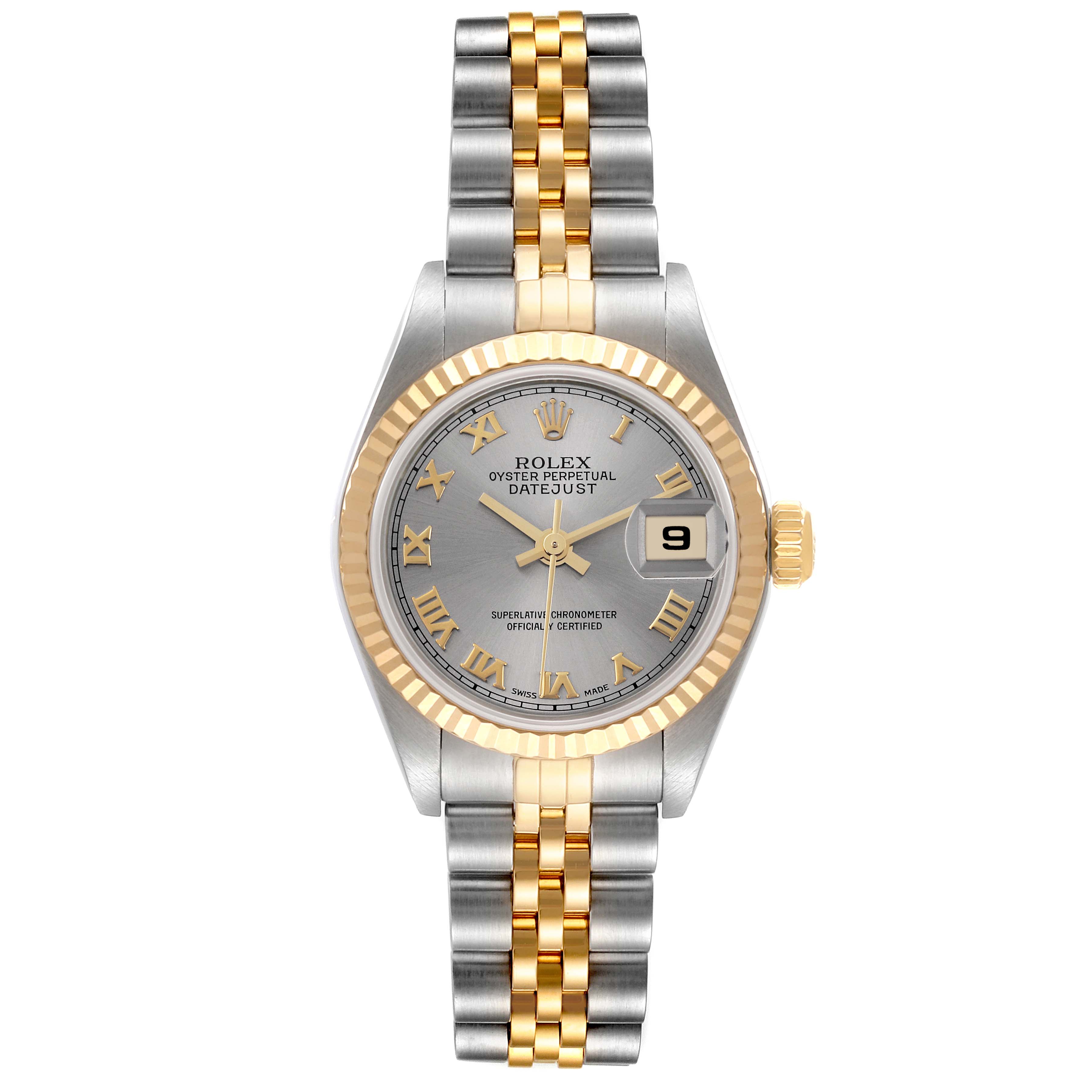 The image shows the Rolex Datejust 79173 Women's Steel and Gold (two tone) Grey Dial 79173 Women's Steel and Gold (two tone) Grey Dial watch from a top-down angle, displaying the dial, bezel, bracelet, and crown.