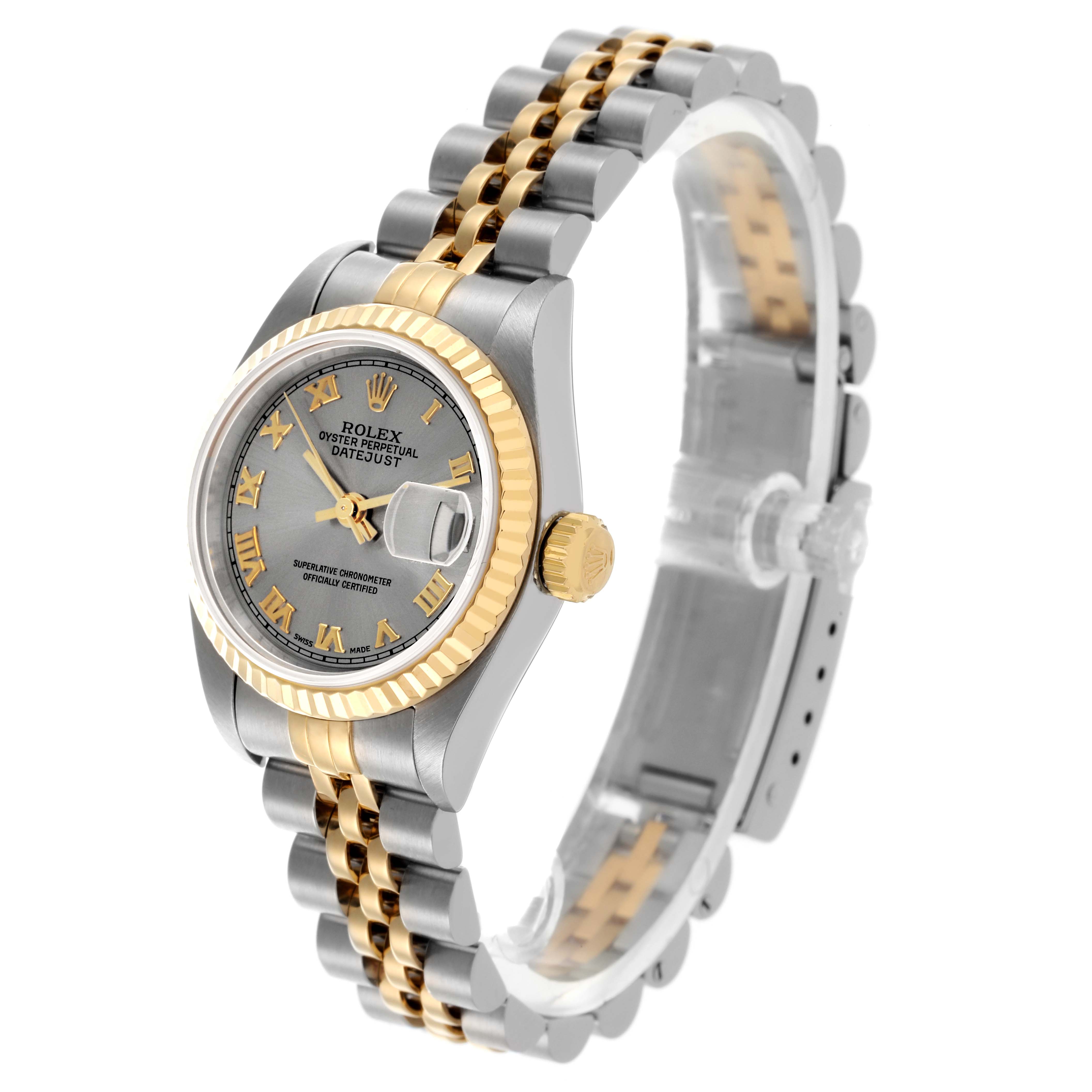 The Rolex Datejust 79173 Women's Steel and Gold (two tone) Grey Dial 79173 Women's Steel and Gold (two tone) Grey Dial watch is shown at a three-quarter angle displaying its face, bezel, crown, and two-tone bracelet.