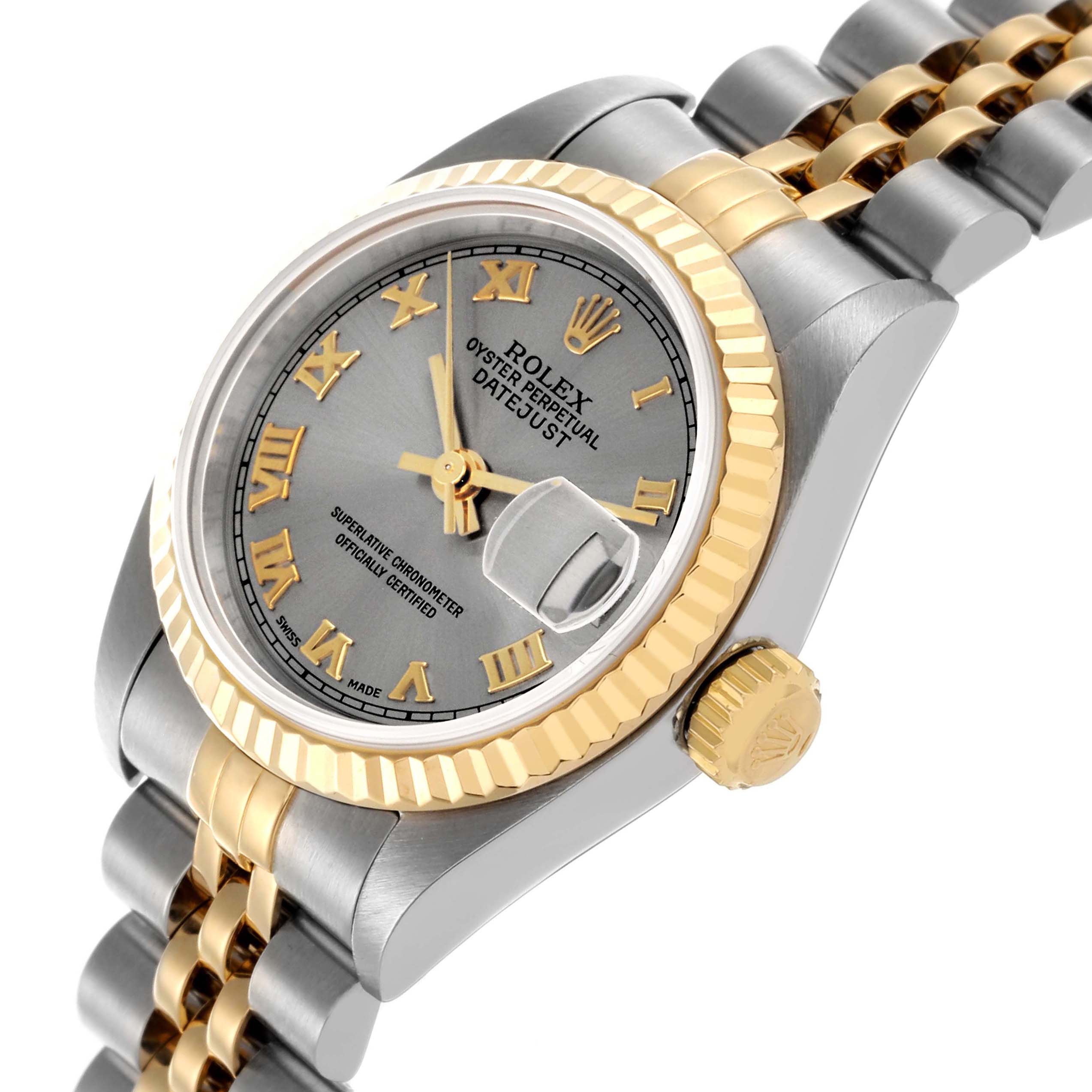 The Rolex Datejust 79173 Women's Steel and Gold (two tone) Grey Dial 79173 Women's Steel and Gold (two tone) Grey Dial is shown at an angled view, highlighting the dial, fluted bezel, bracelet, crown, and date magnifier.