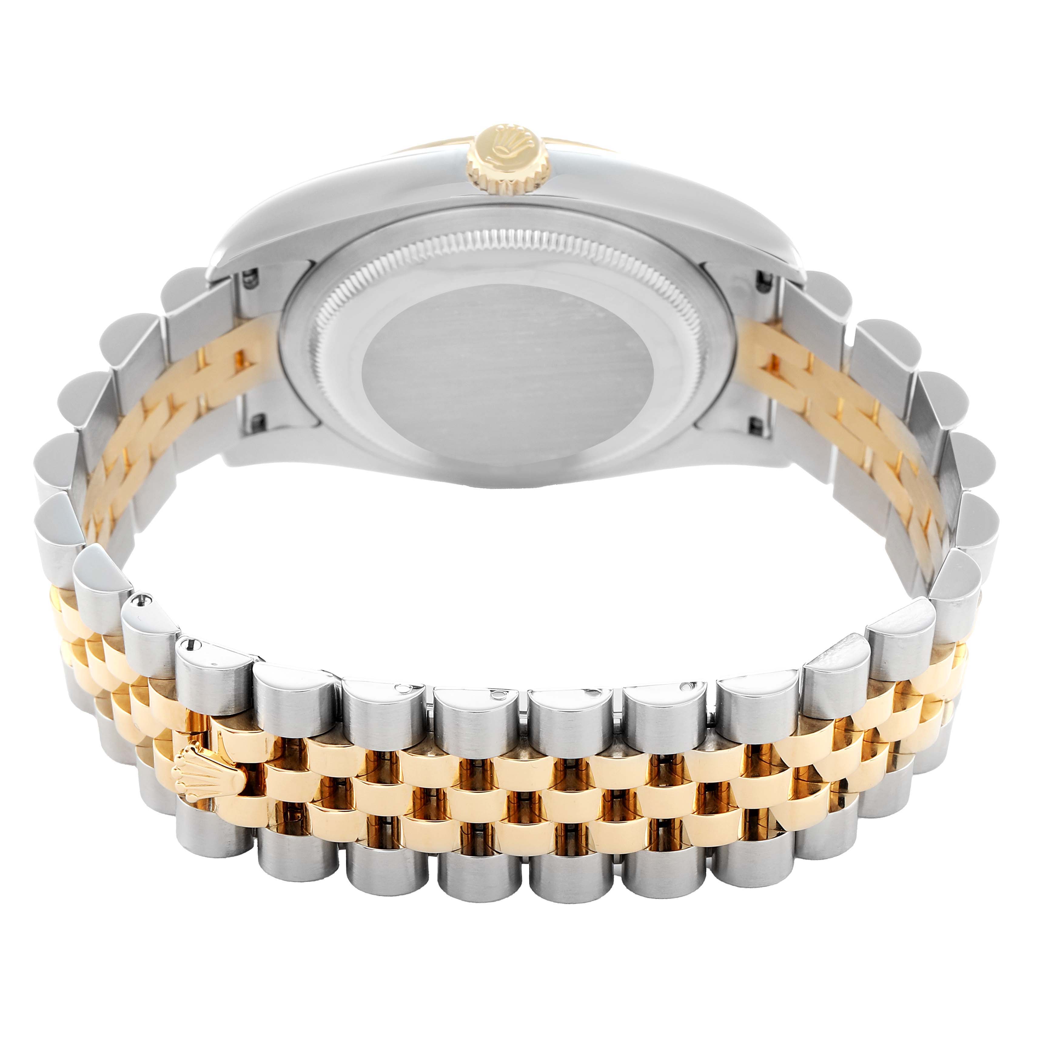 The image shows the back of a Rolex Datejust 116233 Men's Steel and Gold (two tone) White Dial, highlighting its two-tone bracelet and case back from a rear angle.