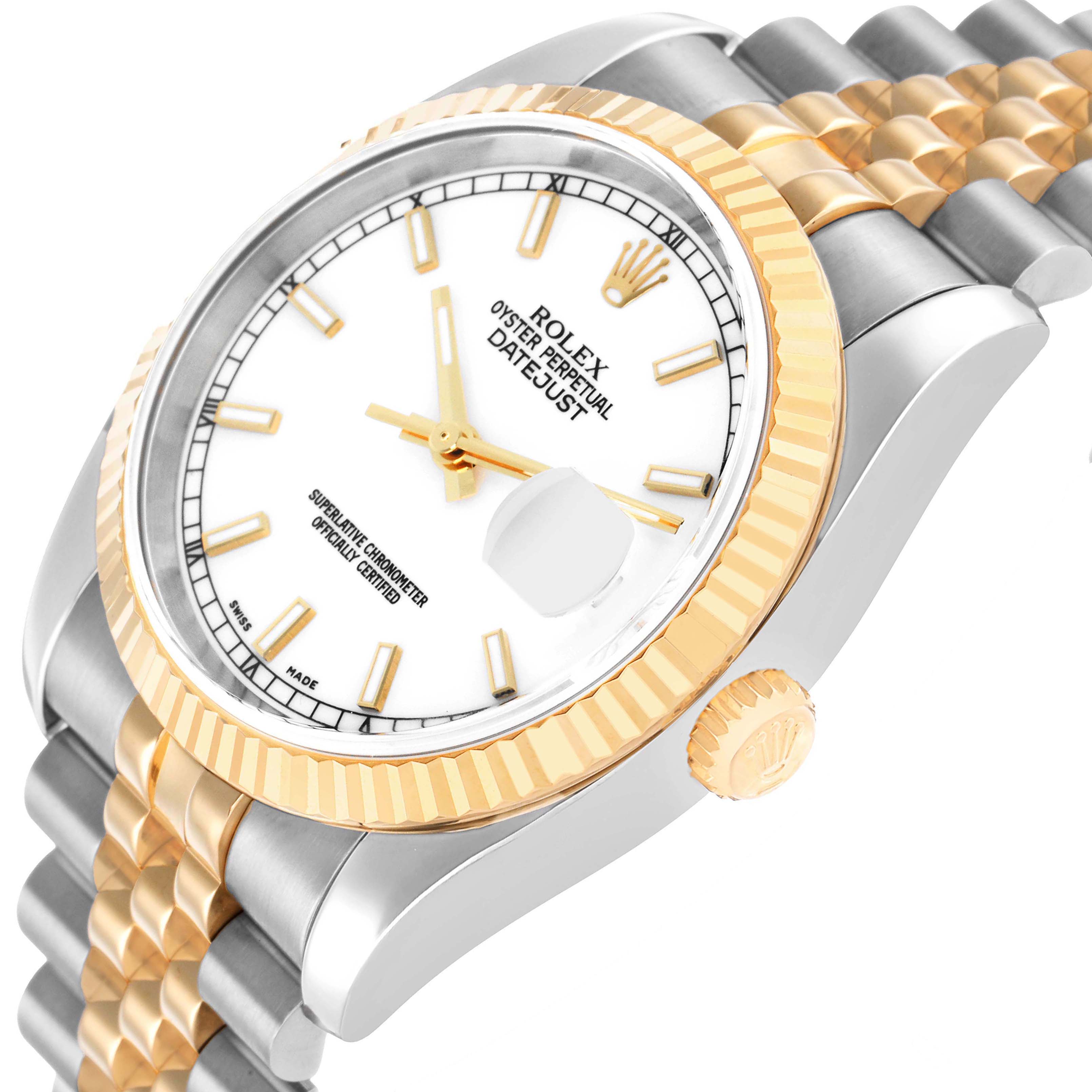 The Rolex Datejust 116233 Men's Steel and Gold (two tone) White Dial watch is shown at a side angle, highlighting the white dial, gold fluted bezel, and two-tone jubilee bracelet.