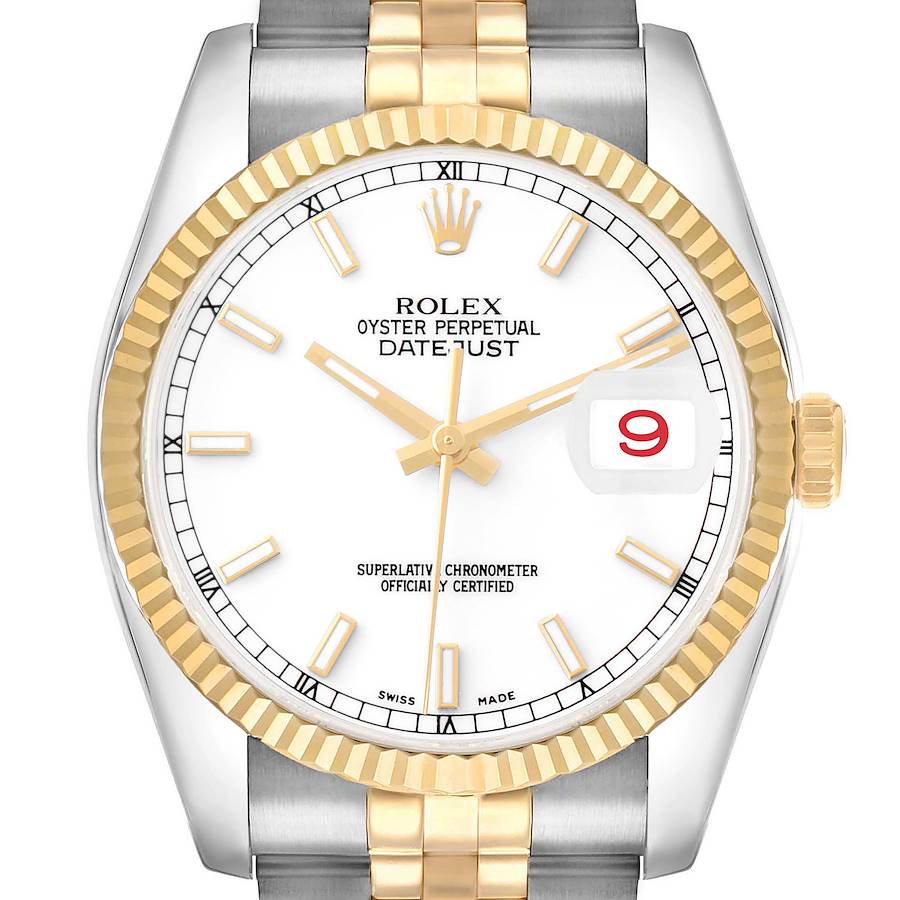 The Rolex Datejust 116233 Men's Steel and Gold (two tone) White Dial watch is shown from a top angle, highlighting its dial, bezel, crown, and part of the bracelet.