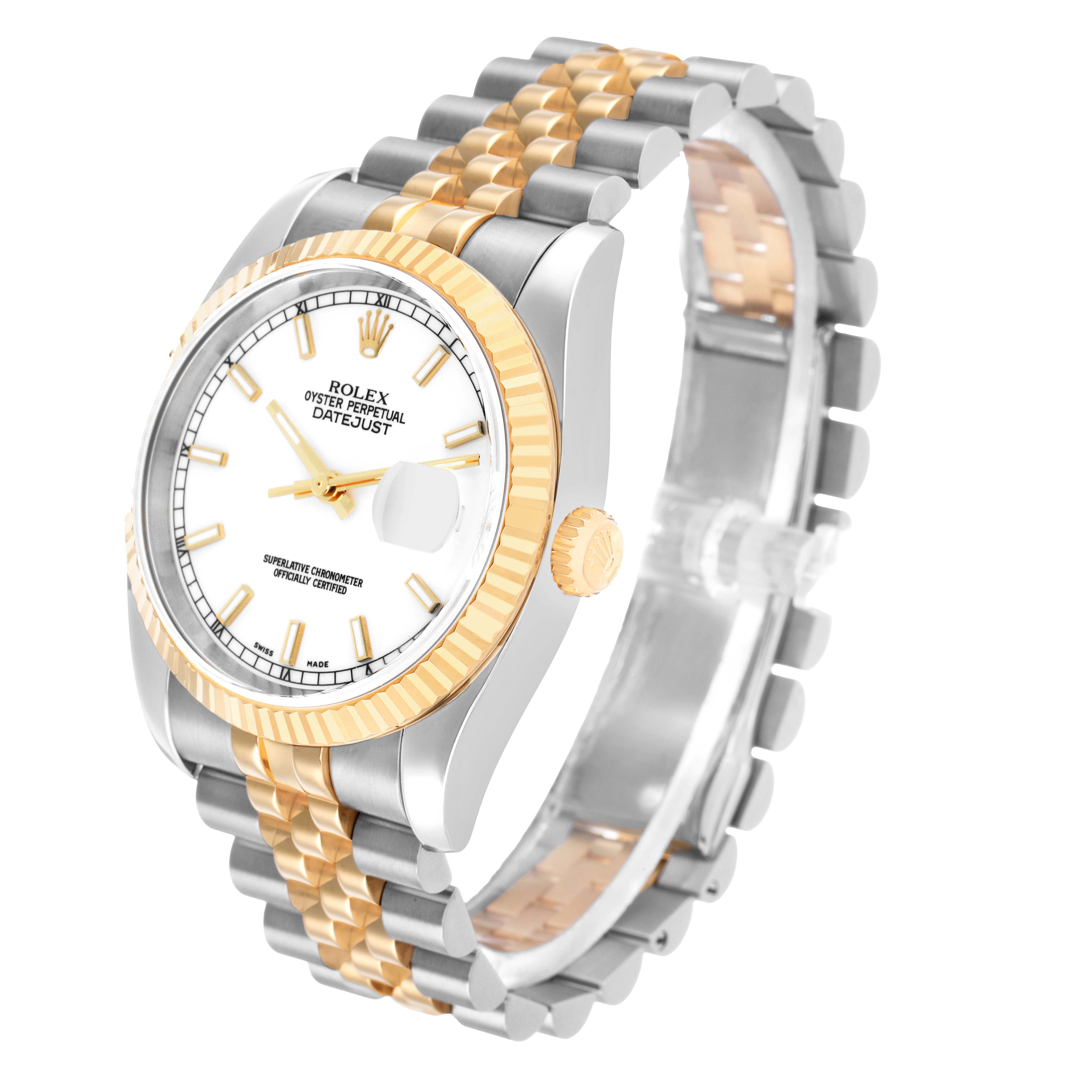 The Rolex Datejust 116233 Men's Steel and Gold (two tone) White Dial watch is shown at a three-quarter angle, highlighting the case, dial, bezel, crown, and bracelet.