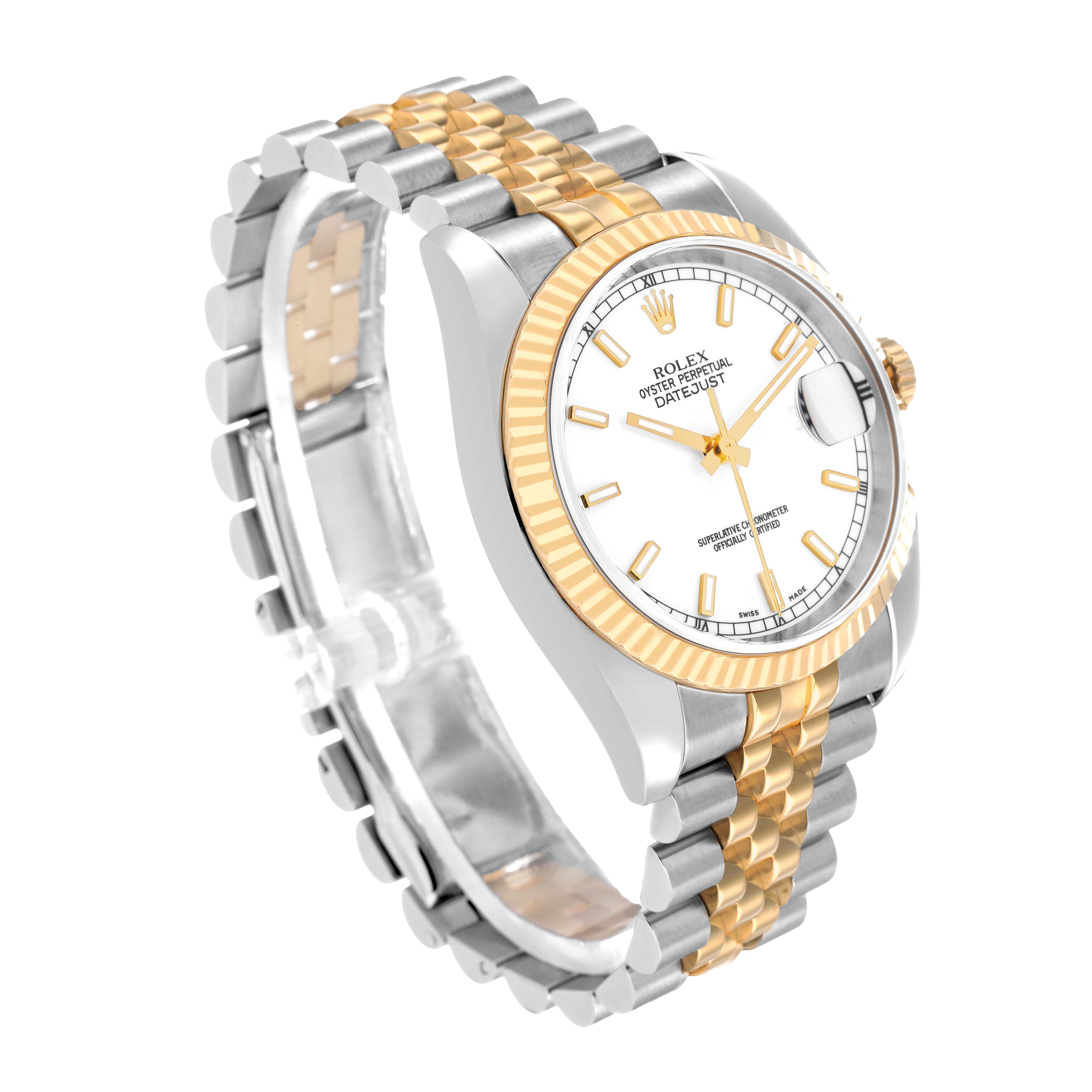 The Rolex Datejust 116233 Men's Steel and Gold (two tone) White Dial watch is shown at a three-quarter angle, displaying its gold fluted bezel and two-tone jubilee bracelet.