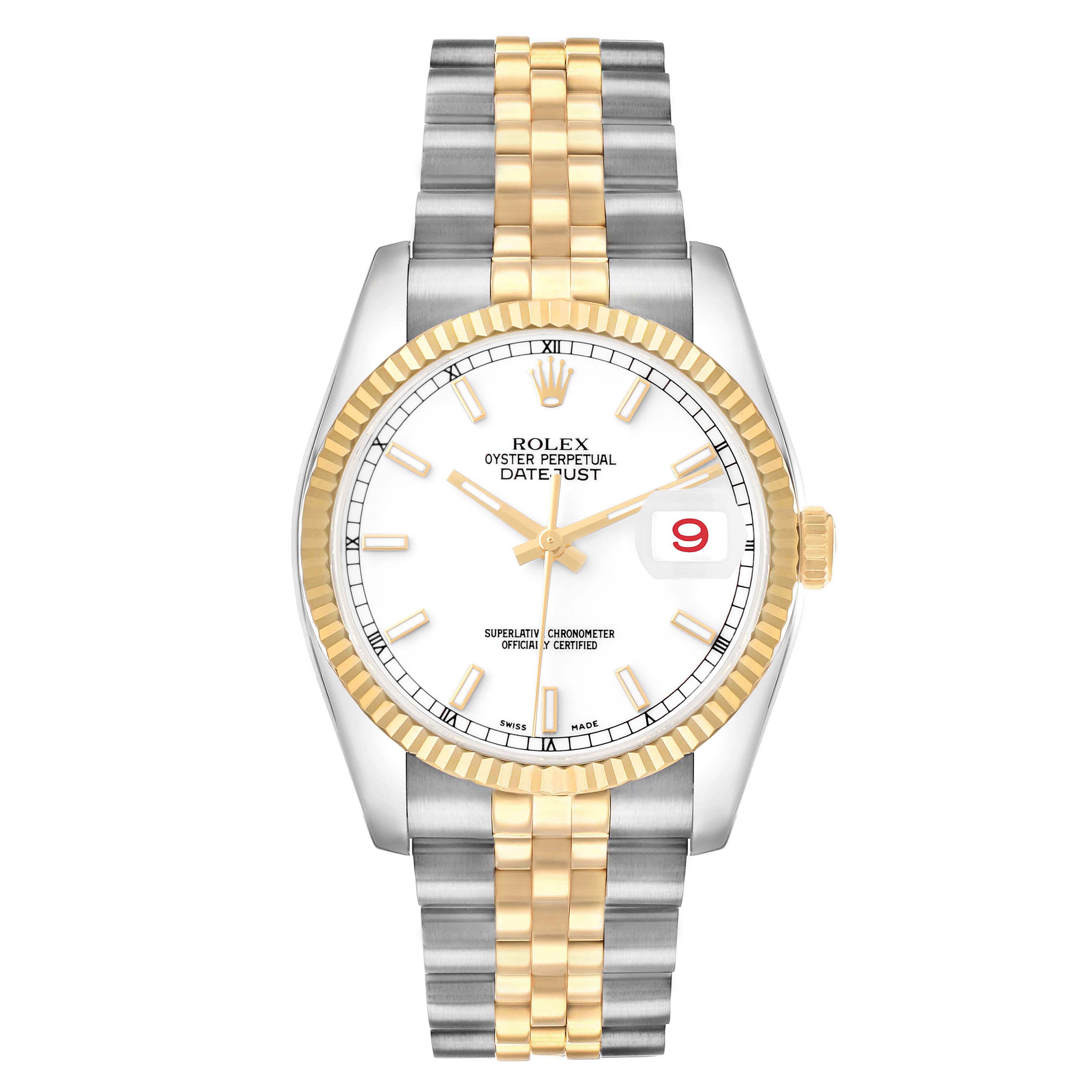 The Rolex Datejust 116233 Men's Steel and Gold (two tone) White Dial watch is shown from a top-down view, highlighting its bezel, dial, case, crown, and bracelet.