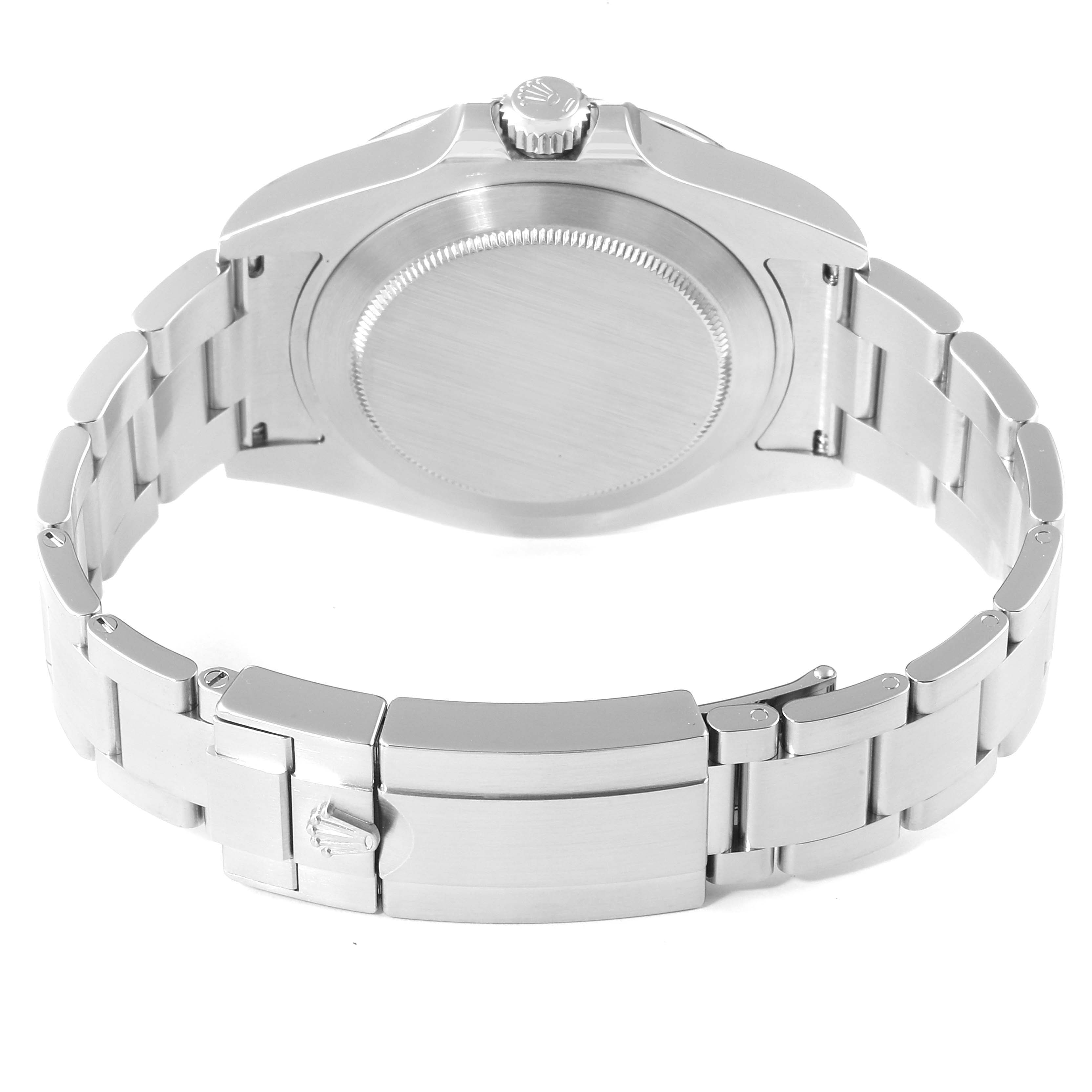 The image shows the case back and bracelet of a Rolex Explorer 216570 Men's Stainless Steel Black Dial 216570 Men's Stainless Steel Black Dial watch at a rear angle.