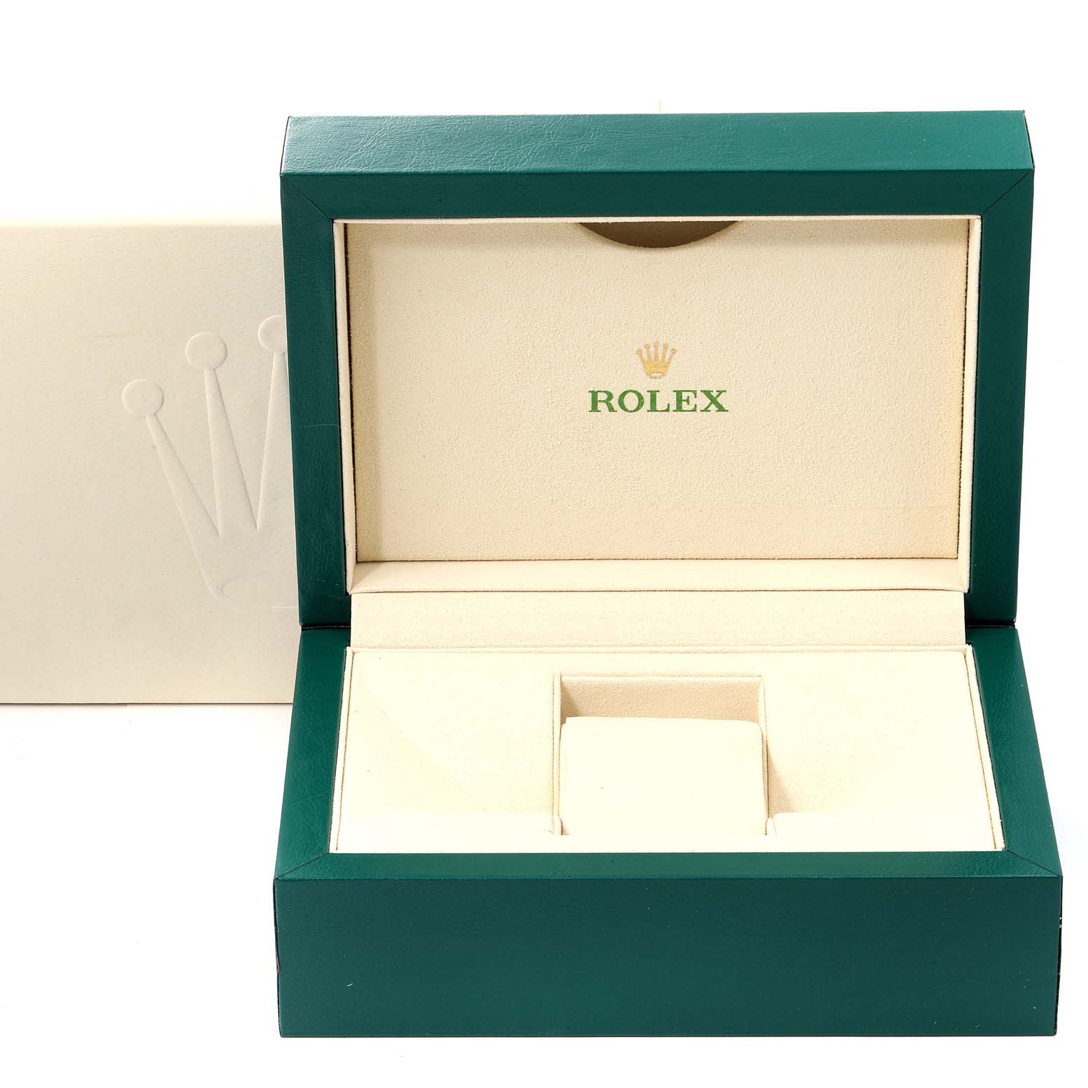 The image shows an open green and cream Rolex watch box for the Explorer model, featuring the Rolex logo inside.