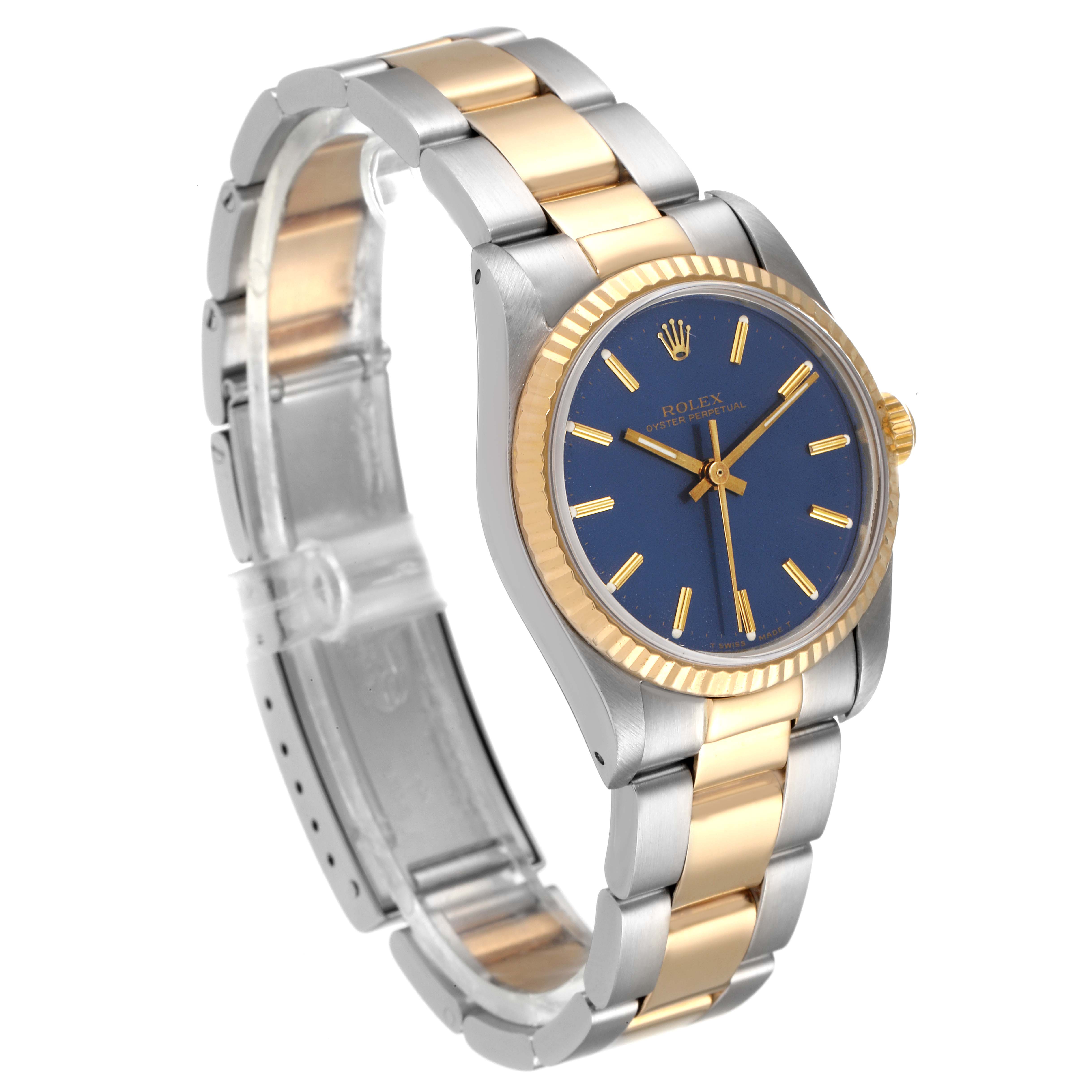 The image shows a side and front view of a mid-size Rolex watch with a two-tone metal bracelet and a blue dial.