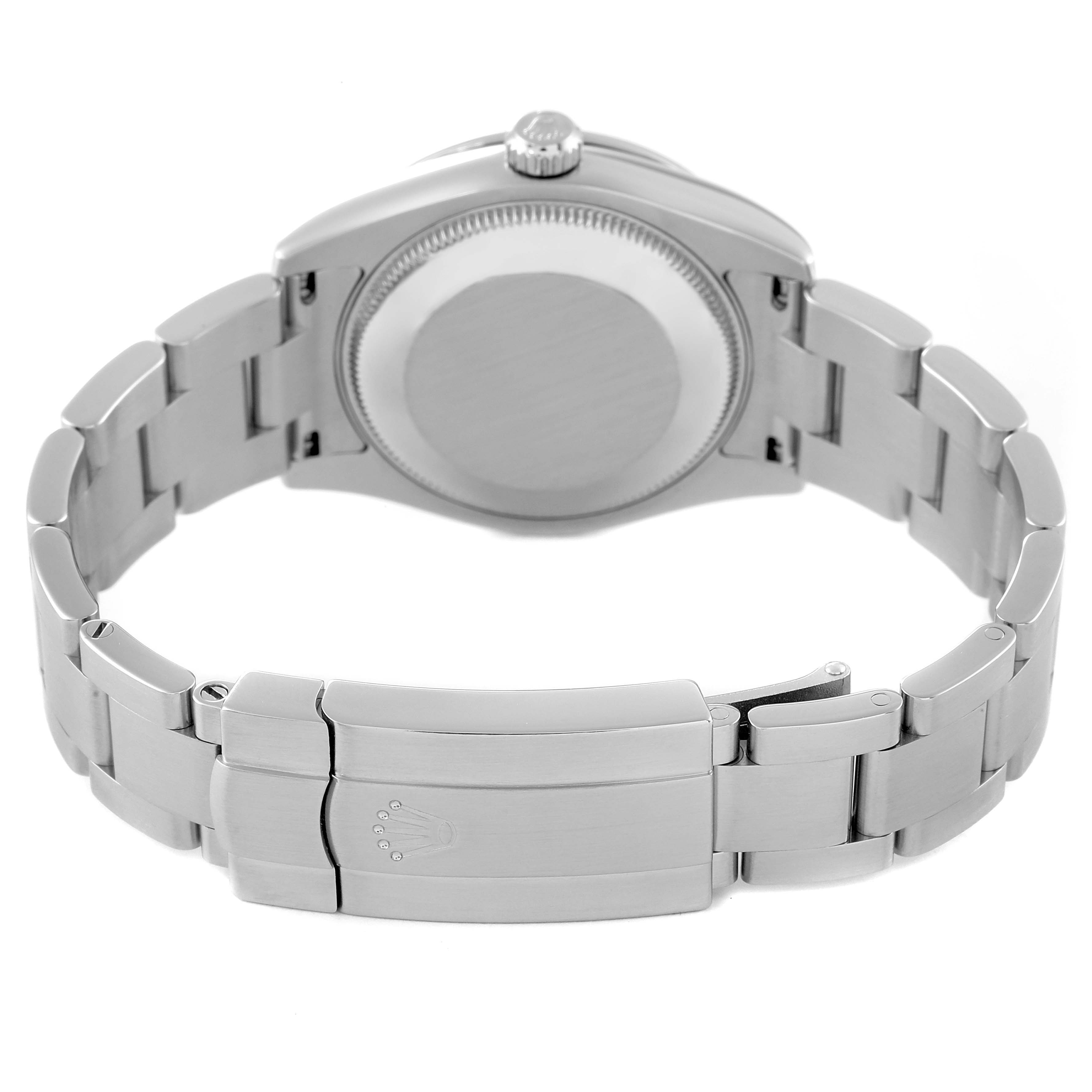 The image shows the back and bracelet clasp of a Rolex Mid-Size 177200 Women
s Stainless Steel Black Dial 177200 Women
s Stainless Steel Black Dial watch.