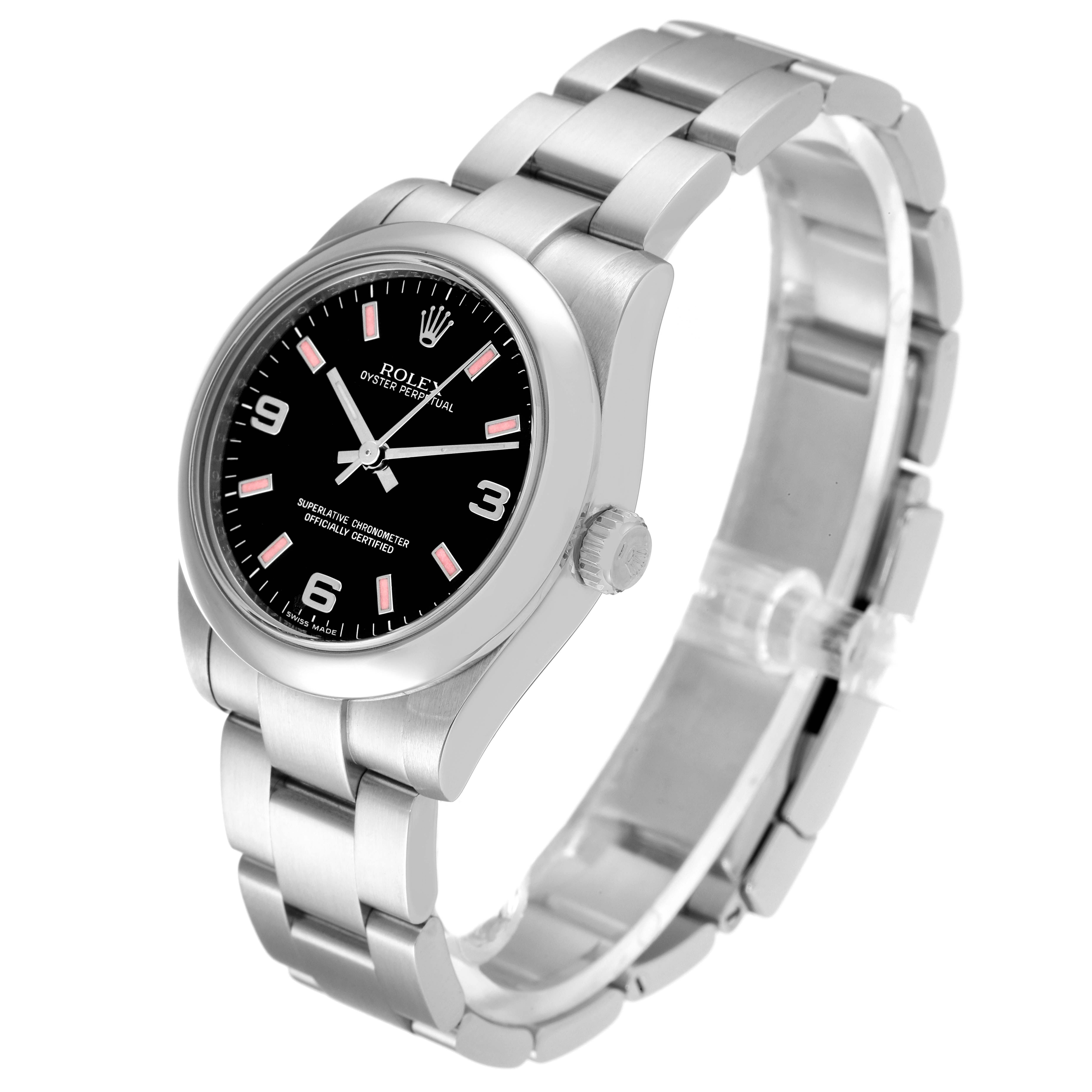 The image shows a side-angle view of a Rolex Mid-Size 177200 Women
s Stainless Steel Black Dial 177200 Women
s Stainless Steel Black Dial Oyster Perpetual watch, clearly displaying its dial, casing, and bracelet.