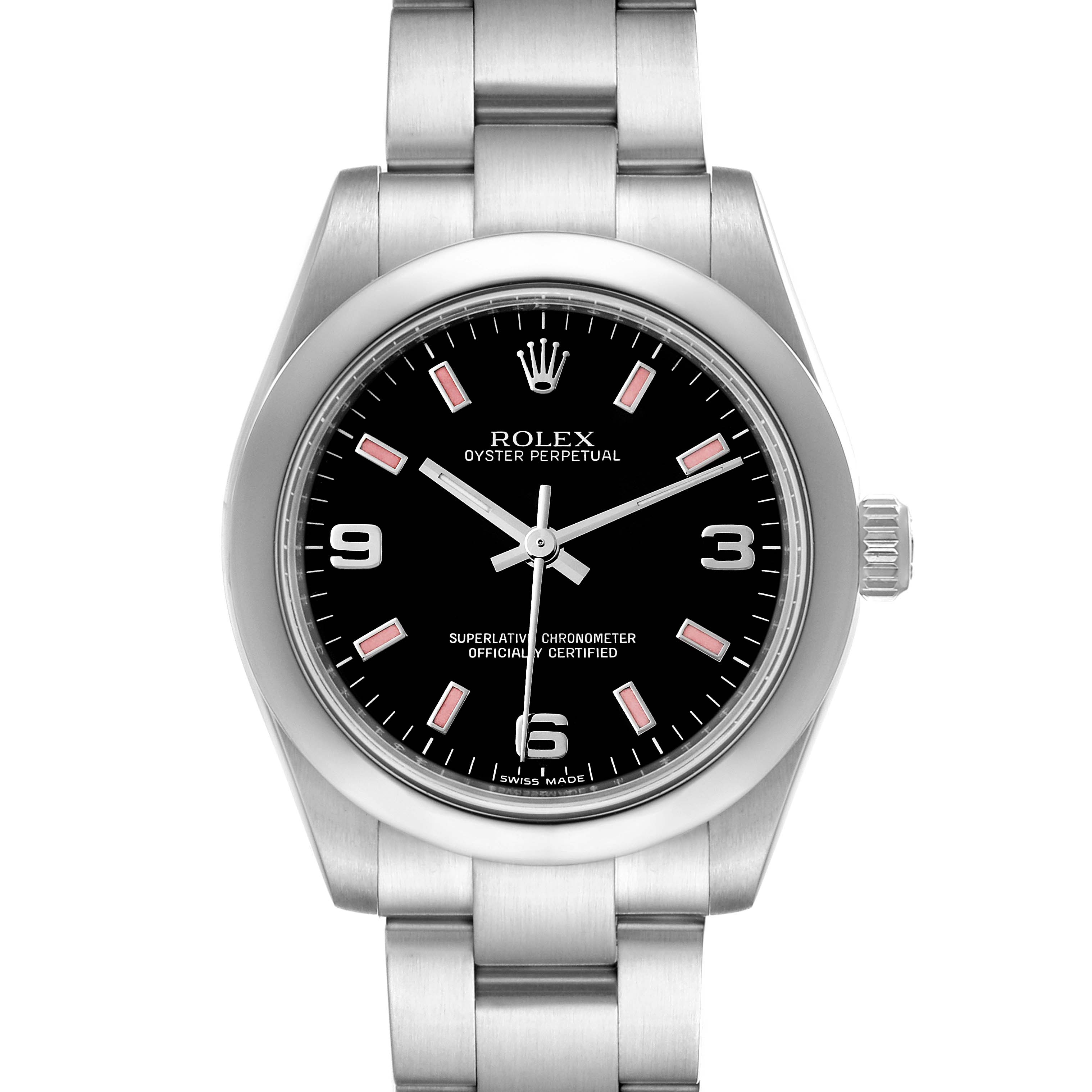 This image shows a front view of a Rolex Oyster Perpetual Mid-Size watch, displaying its dial, bezel, and part of the bracelet.