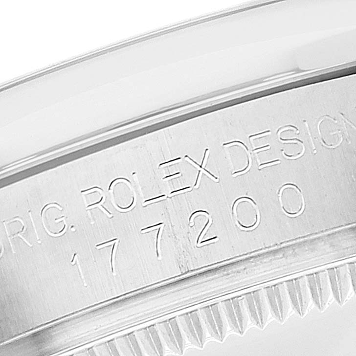 This image shows a close-up of the side view of a Rolex Mid-Size 177200 Women
s Stainless Steel Black Dial 177200 Women
s Stainless Steel Black Dial watch, focusing on the model number 177200 engraved on the case.