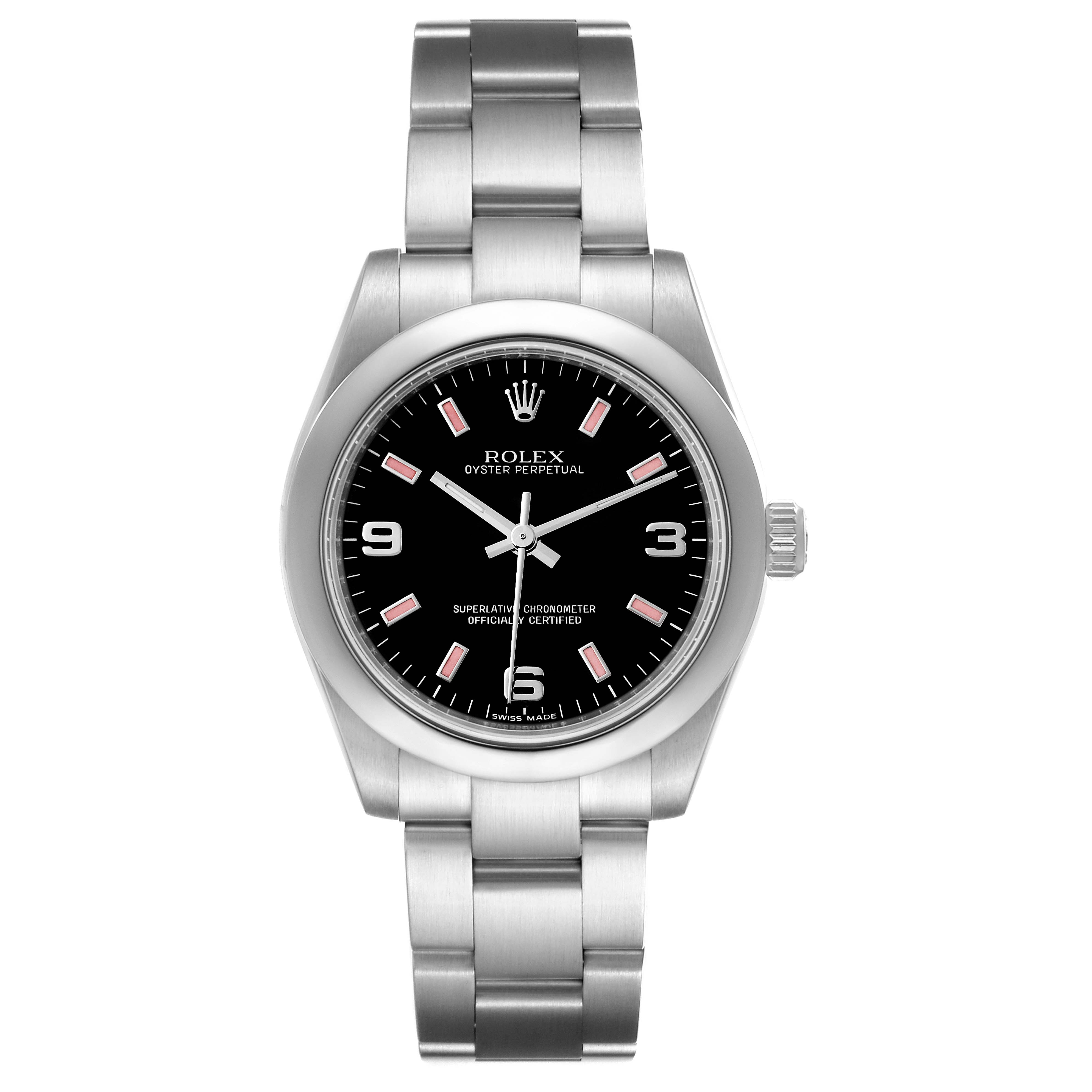 The image shows a front view of a Mid-Size Rolex Oyster Perpetual watch, displaying its black dial, silver bracelet, and bezel.