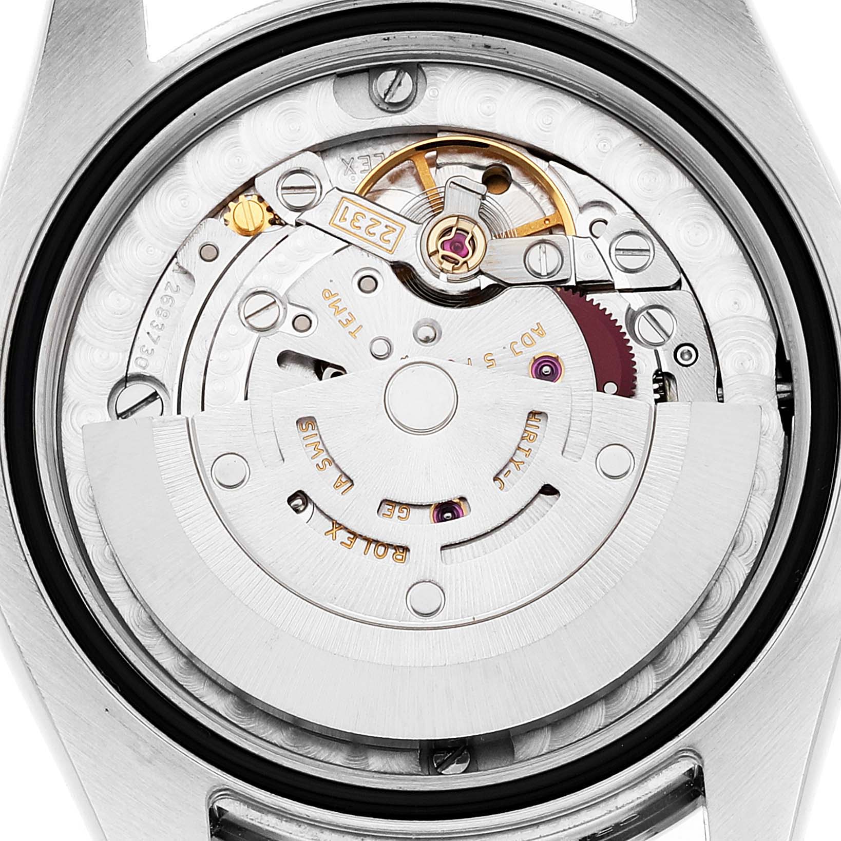 This image shows the internal mechanical movement of a Rolex Mid-Size 177200 Women
s Stainless Steel Black Dial 177200 Women
s Stainless Steel Black Dial watch from a back view angle.