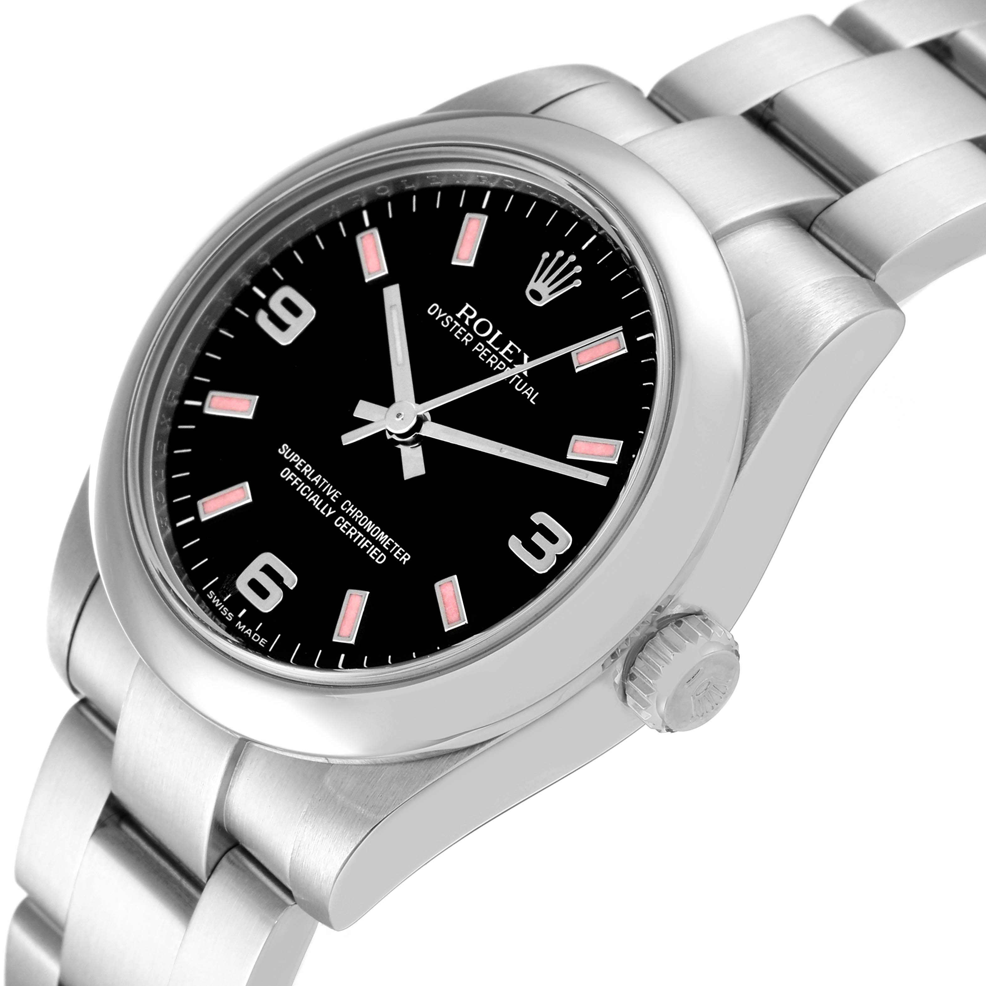 This image shows a side angle view of the Rolex Mid-Size 177200 Women
s Stainless Steel Black Dial 177200 Women
s Stainless Steel Black Dial Oyster Perpetual watch, highlighting the face, band, and crown.