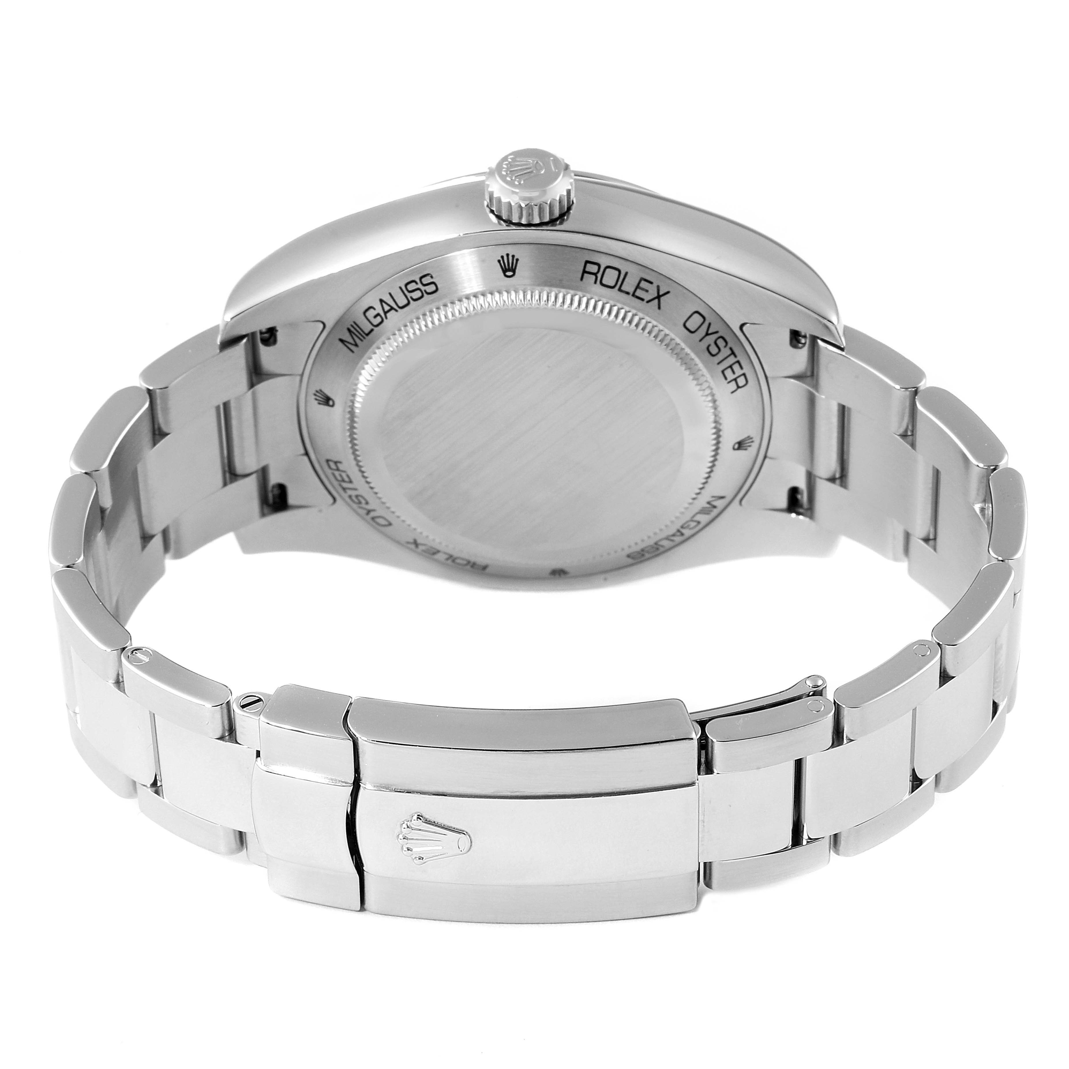 This image shows the back view of the Rolex Milgauss 116400V Men
s Stainless Steel White Dial 116400V Men
s Stainless Steel White Dial watch, highlighting the case back and the bracelet clasp.